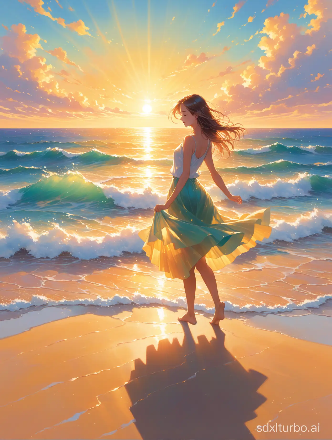 Beachside Steps - The cover features the girl standing on the beach, dancing lightly to the rhythm of the waves. Her skirt flutters in the sea breeze, with the background being a seascape at sunset, sunlight filtering through the clouds and casting golden rays onto the ocean surface, presenting a vivid coastal painting.