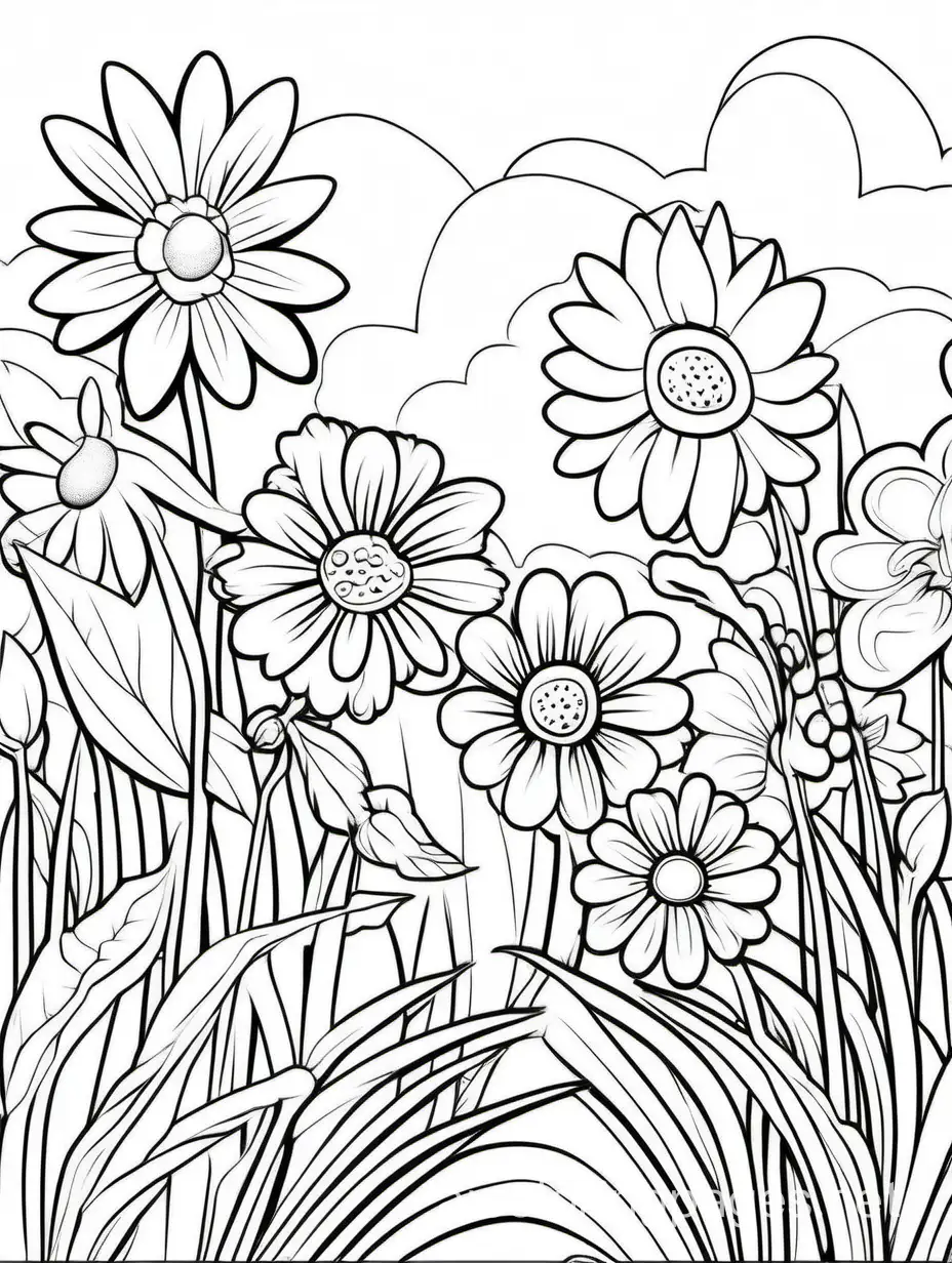 happy friendly playful spring flowers in a meadow coloring book page for kids, Coloring Page, black and white, line art, white background, Simplicity, Ample White Space. The background of the coloring page is plain white to make it easy for young children to color within the lines. The outlines of all the subjects are easy to distinguish, making it simple for kids to color without too much difficulty, Coloring Page, black and white, line art, white background, Simplicity, Ample White Space. The background of the coloring page is plain white to make it easy for young children to color within the lines. The outlines of all the subjects are easy to distinguish, making it simple for kids to color without too much difficulty