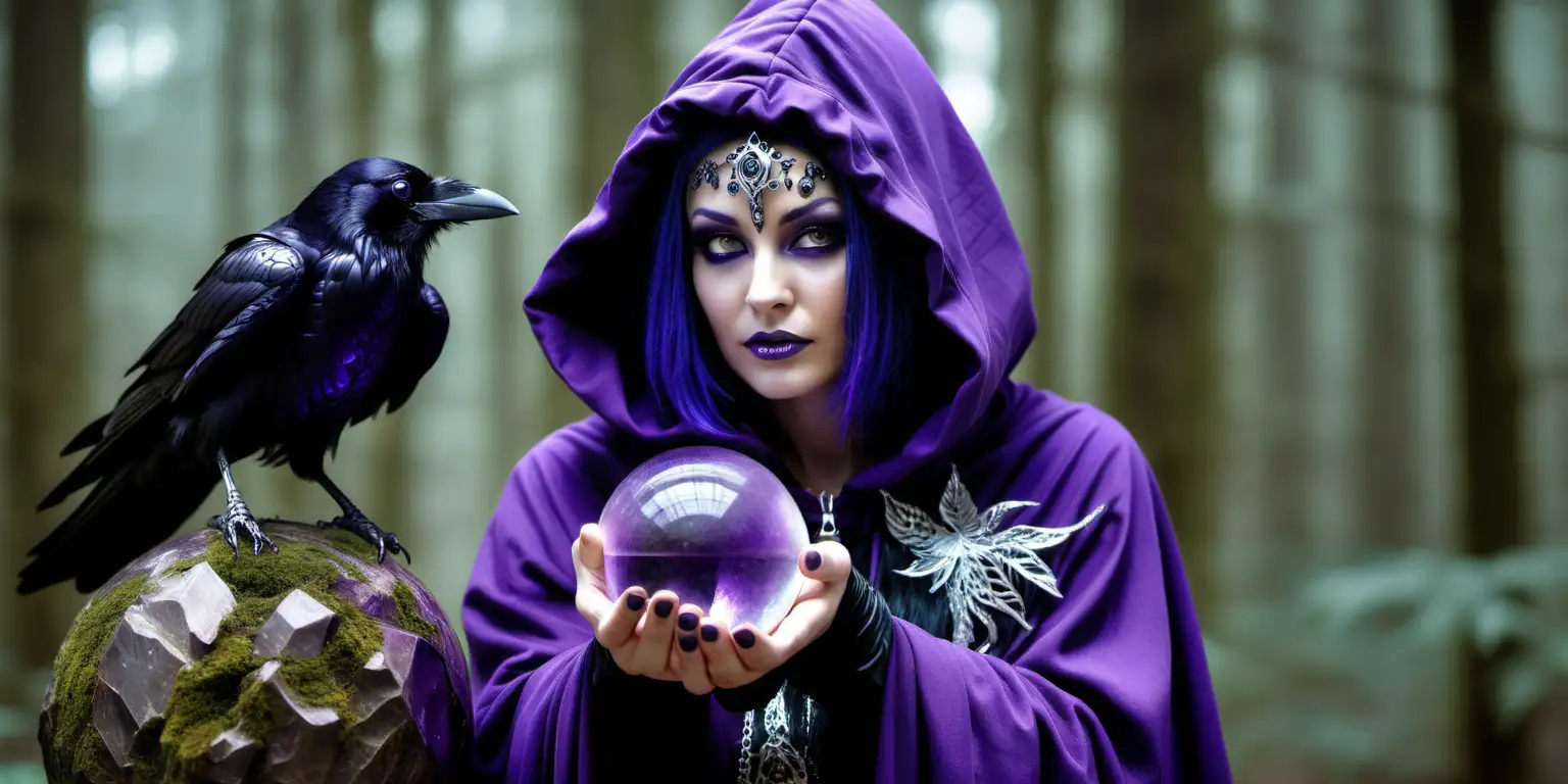  a lady has a beautiful raven standing on her shoulder , she is wearing a purple hooded cloak peers out  of the hood to the right , she is wearing mascara & eyeliner,  in her right hand she is holding a crystal ball, black feathers  with silver are dangling from her right wrist , she is in an ancient forest 