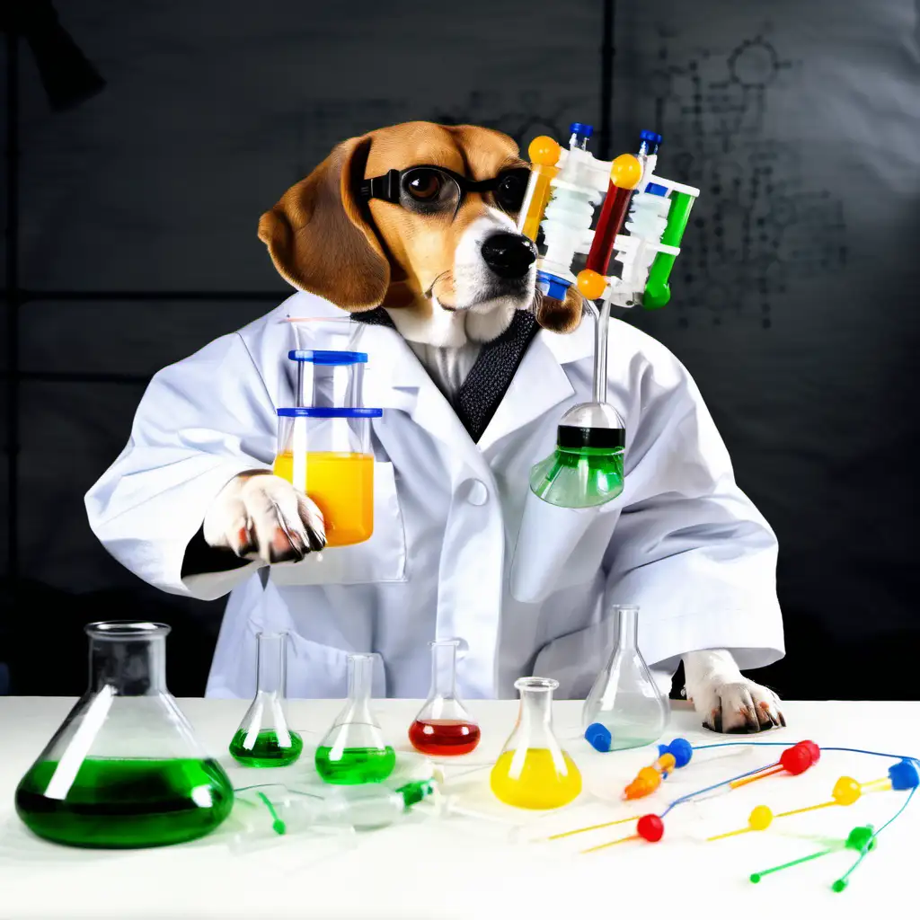 beagle dressed like a scientist doing science experiments


