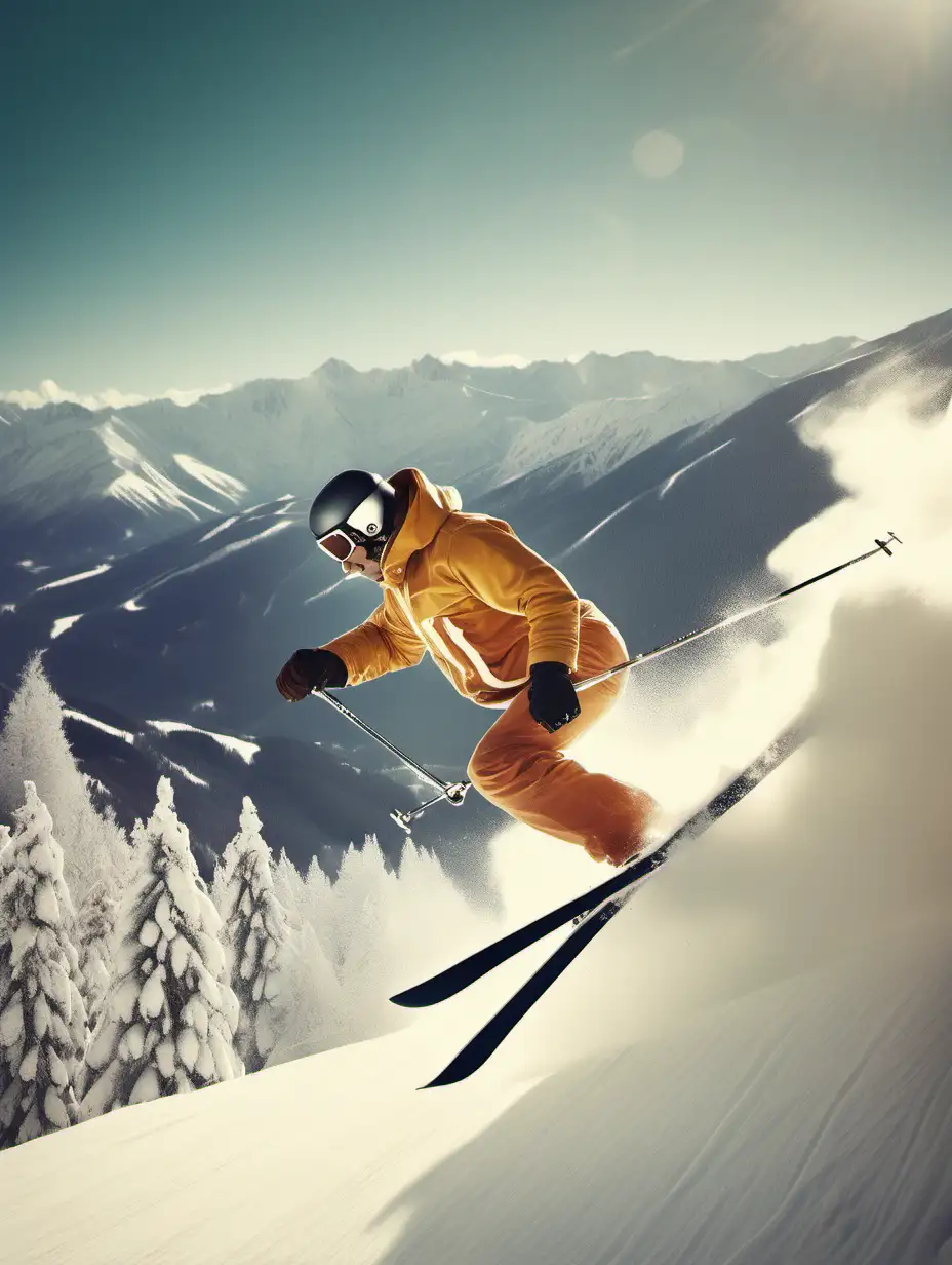 un skieur en vol dans de la neige poudreuse, les montagnes enneigées en arriere plan. 
ambiance vintage année 70