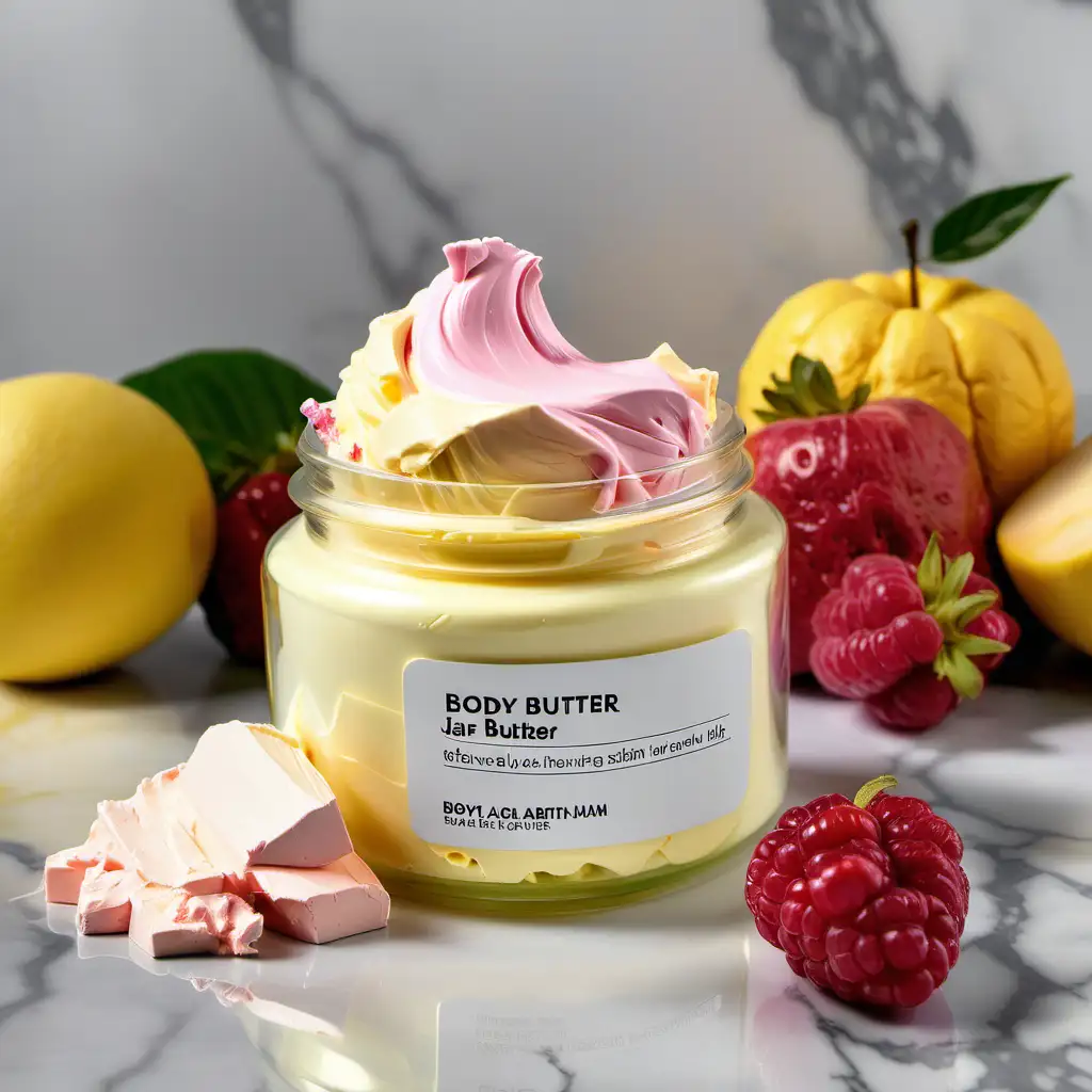 Clear jar with body butter without showing label on the jar with green, pink, and yellow body butter spilling out the jar with mixed fruit on the side being used as a prop with marble background 