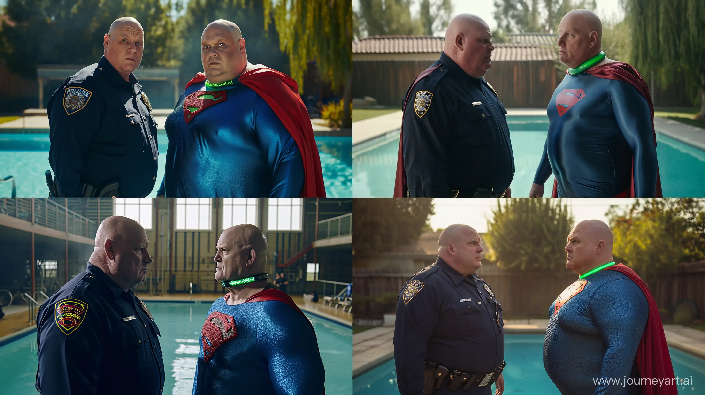 A closeup photo of a serious chubby man aged 60 wearing a long-sleeved navy police uniform dominating another chubby man aged 60 wearing a tight blue silky superman costume with a large red cape and a green glowing small short dog collar. Swimming Pool. Natural Light. Bald. Clean Shaven. --style raw --ar 16:9 --v 6