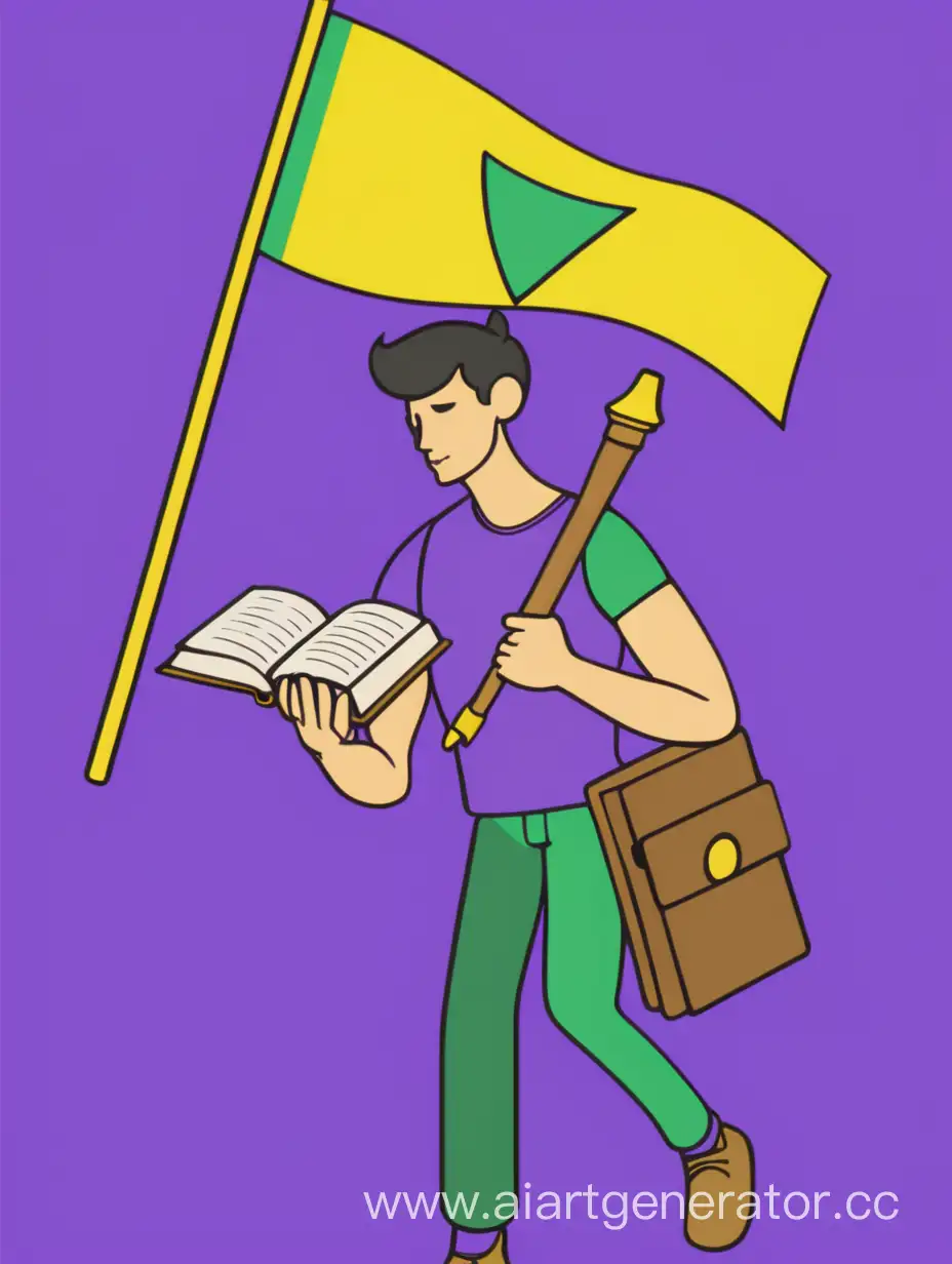 Хуманизация фиолетово-зелёно-желтого флага с книгой в руках, 2D
