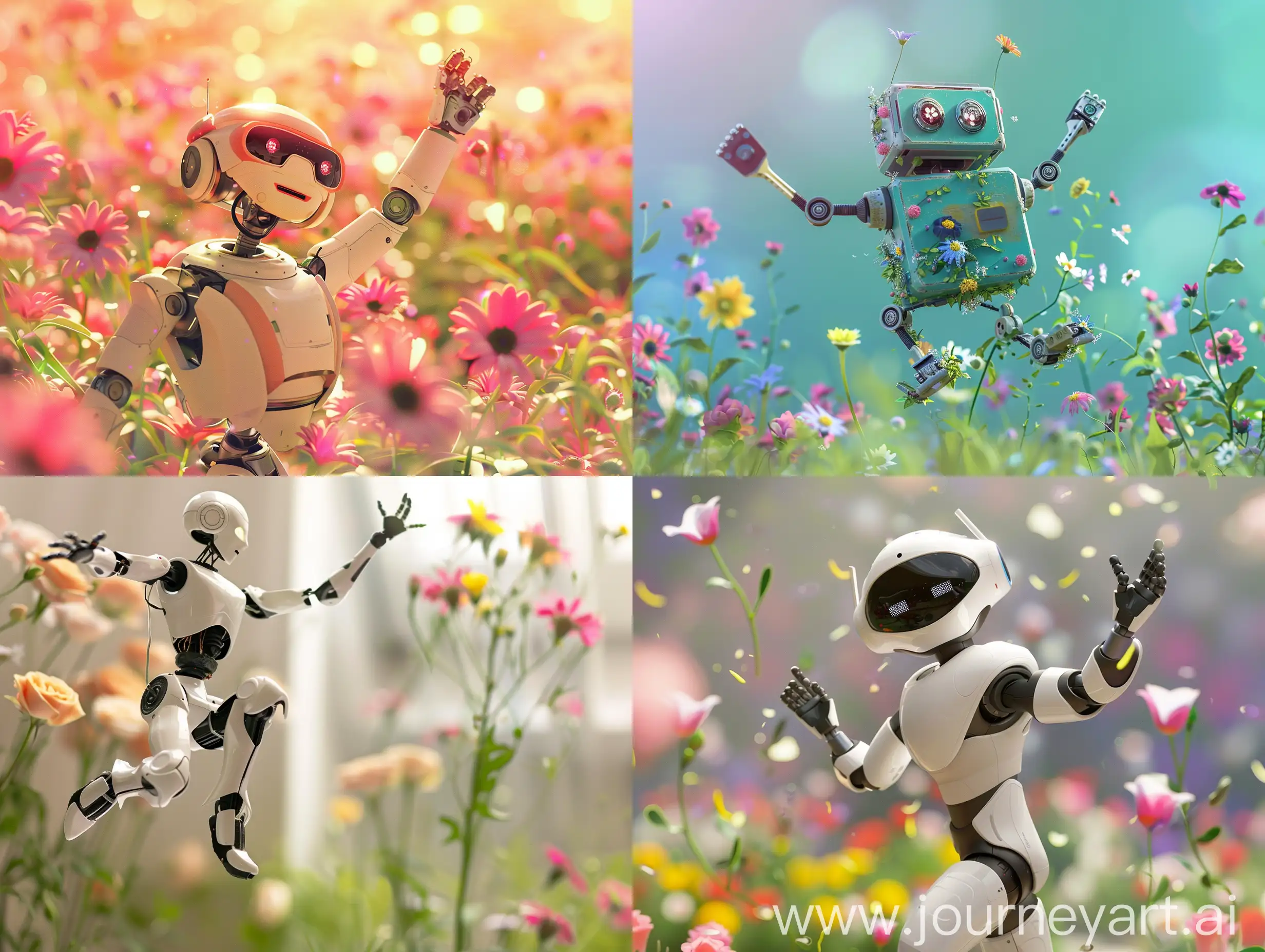 танцующий, весёлый, робот, цветы