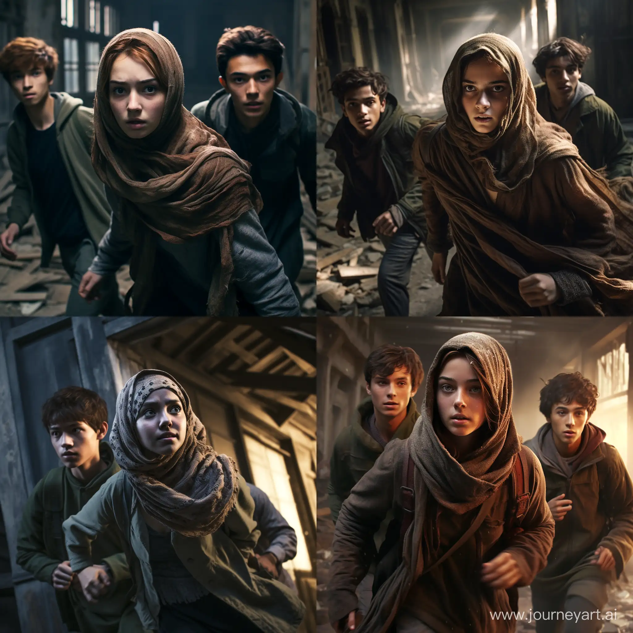 Fearful-Escape-Teenagers-in-Hijab-Fleeing-Zombie-Horde-in-Abandoned-Building