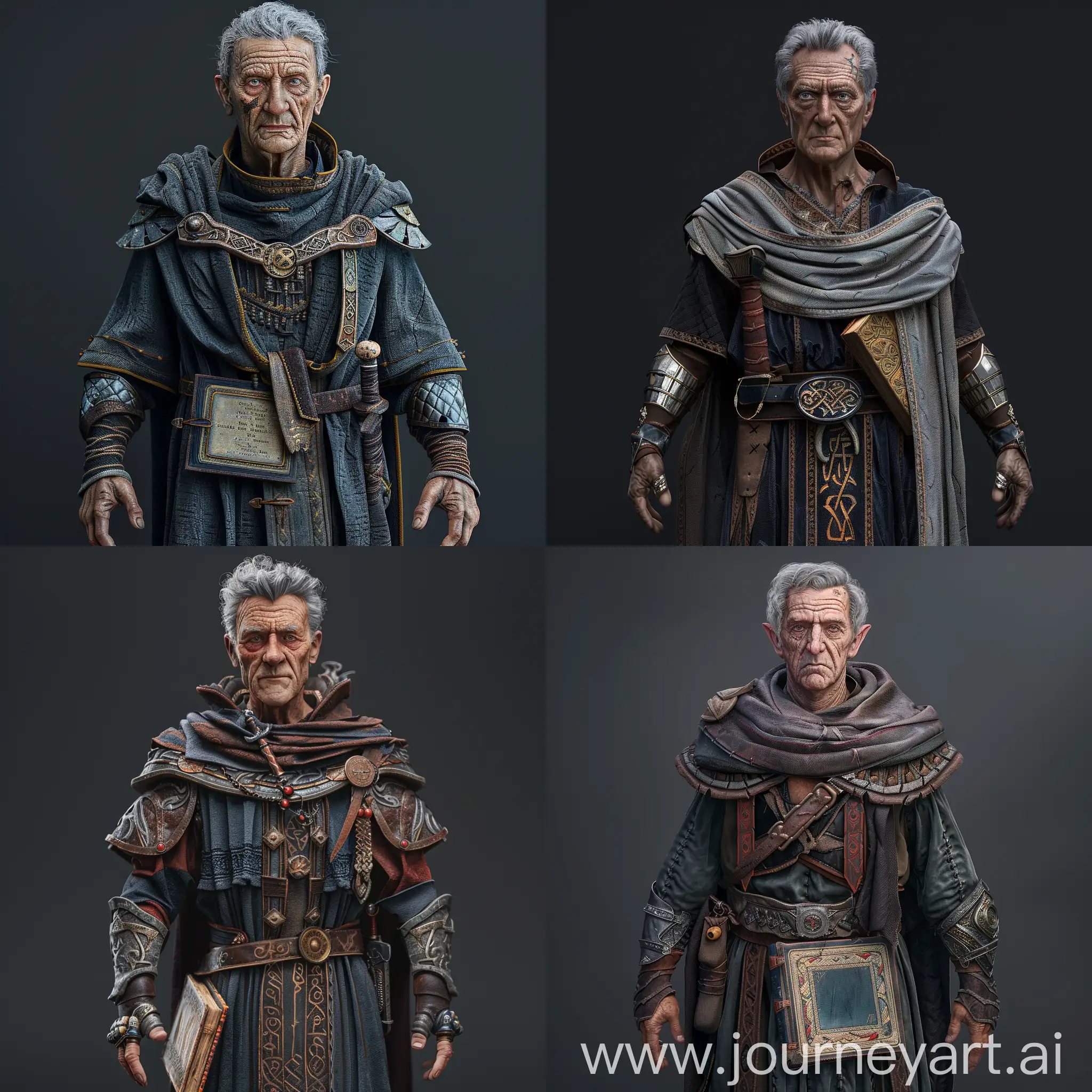 Masterpiece, high resolution, highly detailed, 4k, volumetric lighting, fantasy, older male, aged, grey hair, small scar, grey eyes, emotionless, detailed robes, spellbook on waist, armoured wrist guard, armoured boots, 