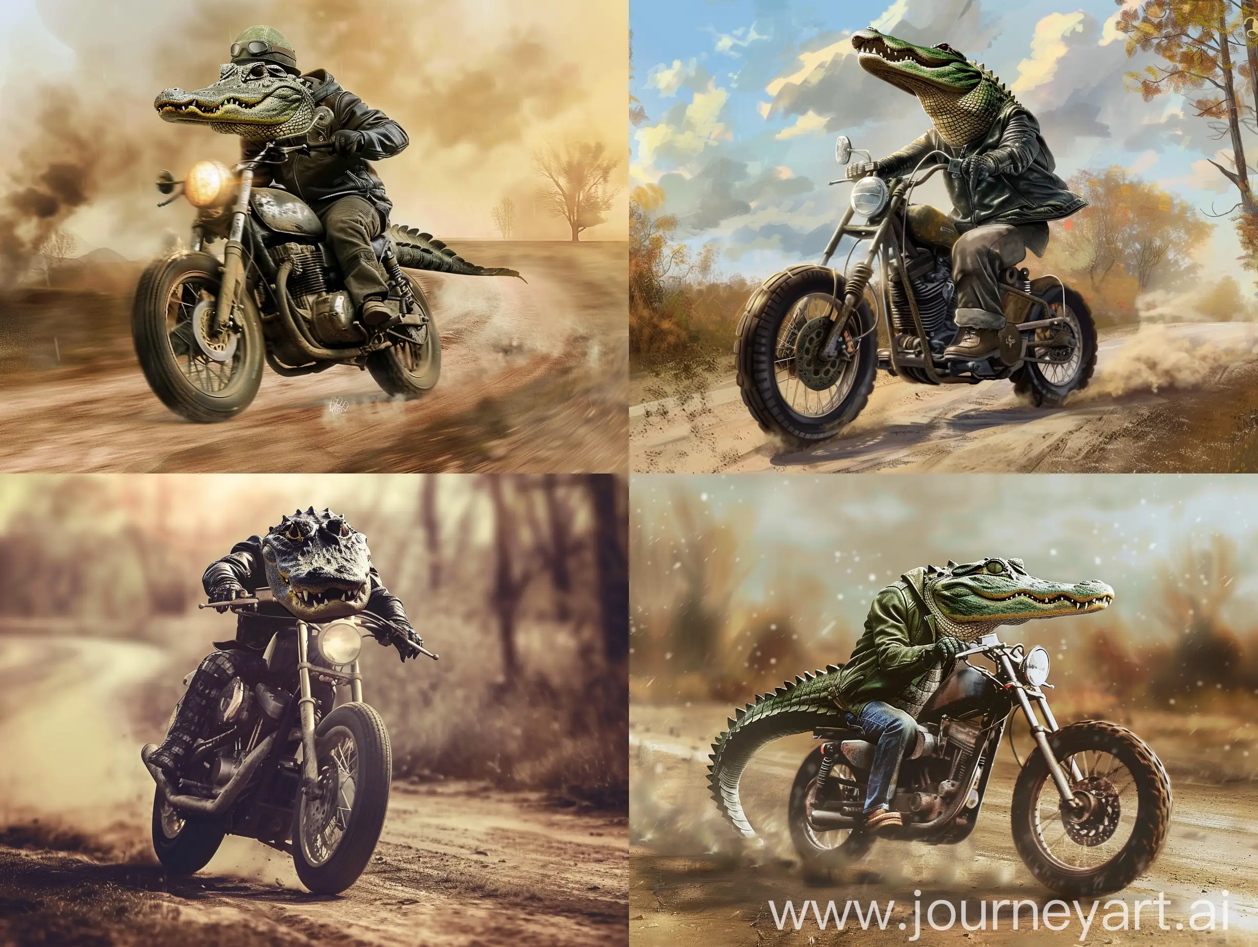 一只穿着皮夹克的鳄鱼骑着摩托车在土路上行驶 