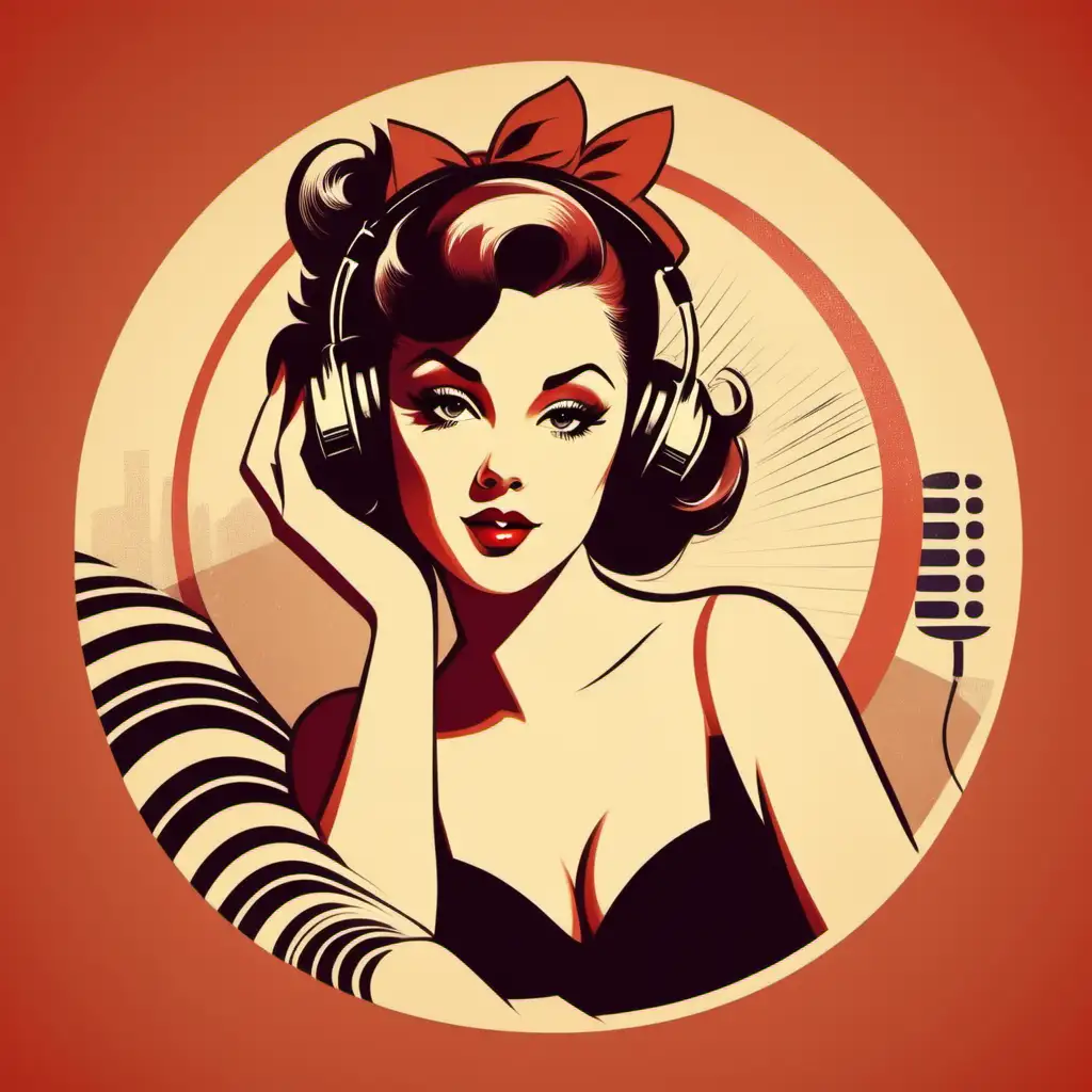 Retro poster design, retro colors. Pinup style. Very nice drawing, flat, 2d, vintage style. Vintage lady, Circle composition. Retro vinyl elements. Very elegant lady listening music .