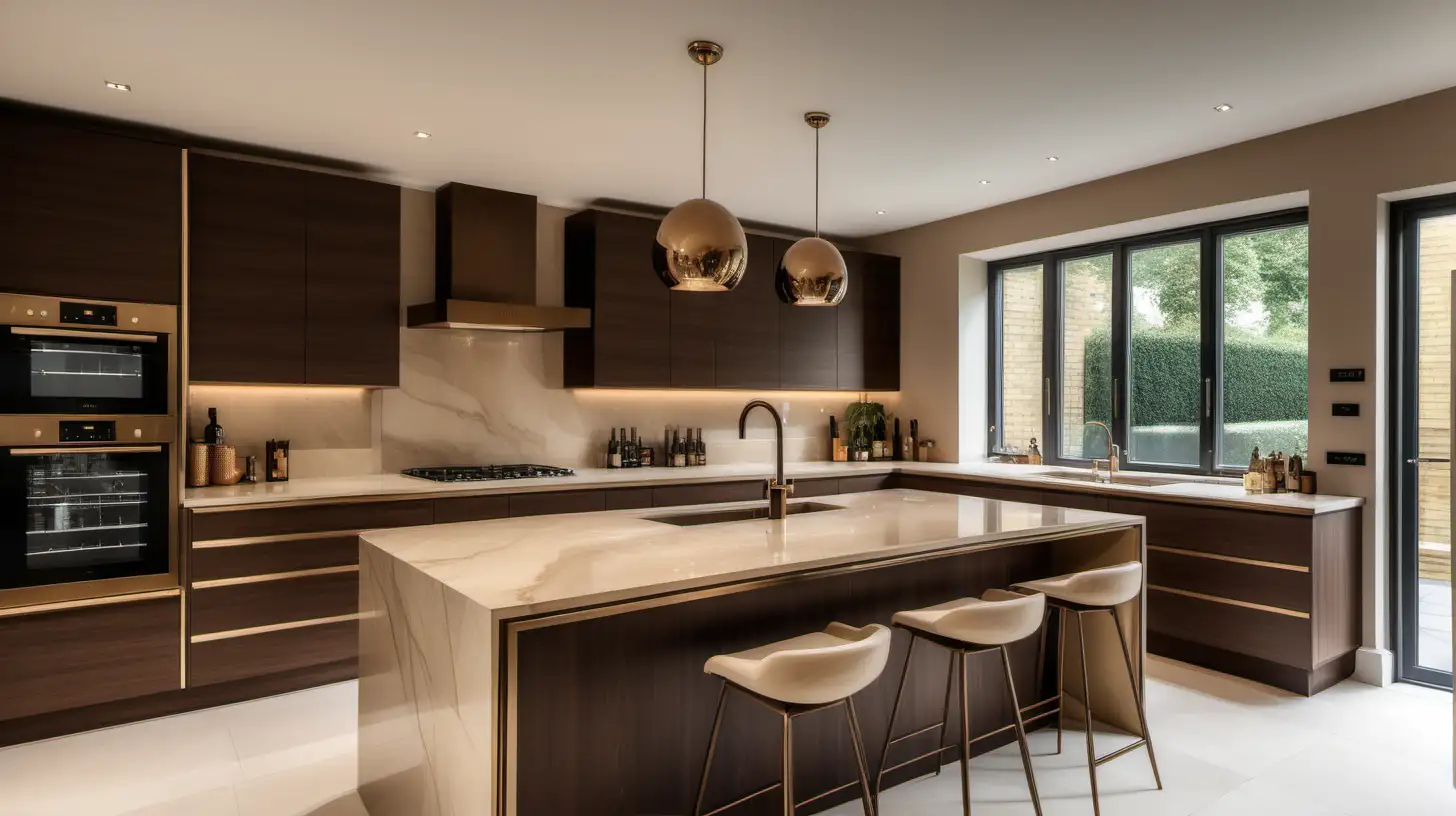 Editorial style photograph of a modern luxury kitchen Beige and cream colour pallete dark wood cabinets with bronze accents in a house in London High resolution 8k taken by cannon 