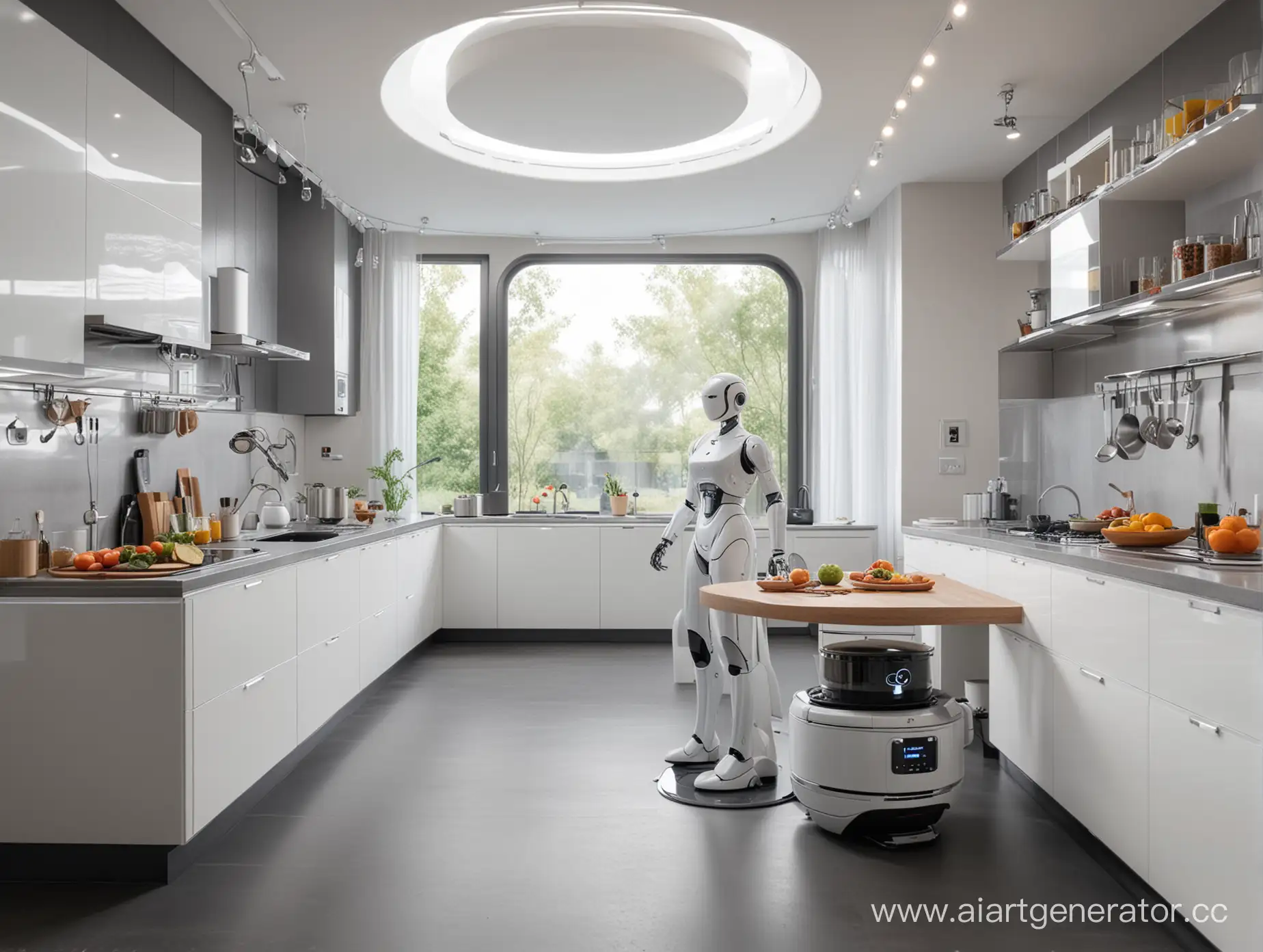 The interior of the kitchen of the future with round robot cooks and housewives