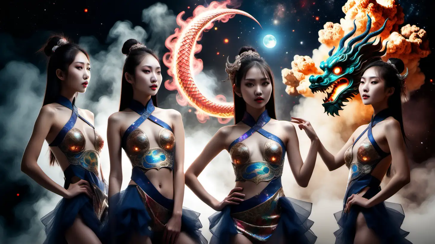 photo of young chinese half-dressed girls with smoky chinese dragon in background with planetary system and moon, explosion of creativity, background formed by a collage of light points, hyper realistic, colorful, high contrast, cinematic lighting, photo winning award --c 25 --style raw
