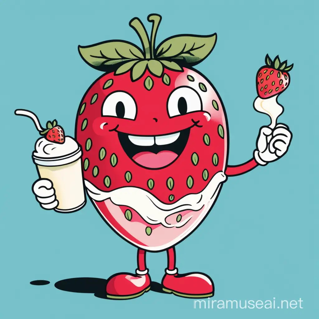 A 1960s style cartoon of a strawberry with arms and legs, eating yoghurt and smiling