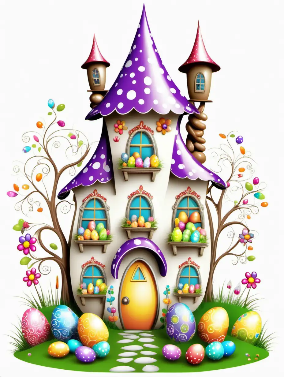 Whimsical Cartoon Easter House on White Background