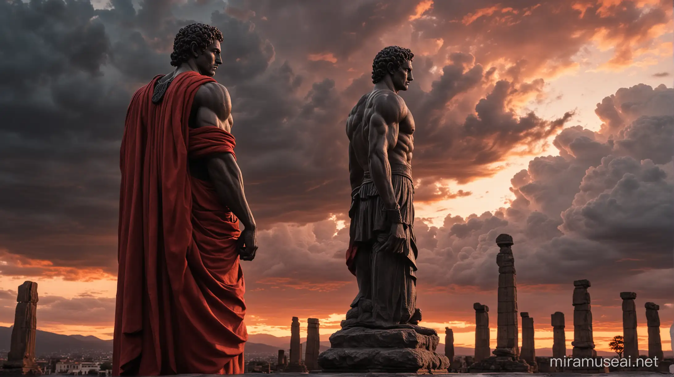 Stoicism, Motivation, stoic muscular statues outside , dark sunset, stoic background horizontal.
there are a lot of clouds behind him, the red color is visible, his posture is shown from the back, he is confident, he is muscular, there are fossils in the distance, ancient dark buildings, he has a black robe, the sky is black