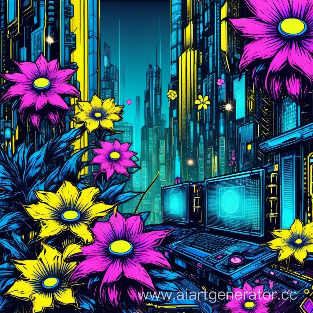Futuristic-Cyberpunk-Cityscape-with-Vibrant-Floral-Accents