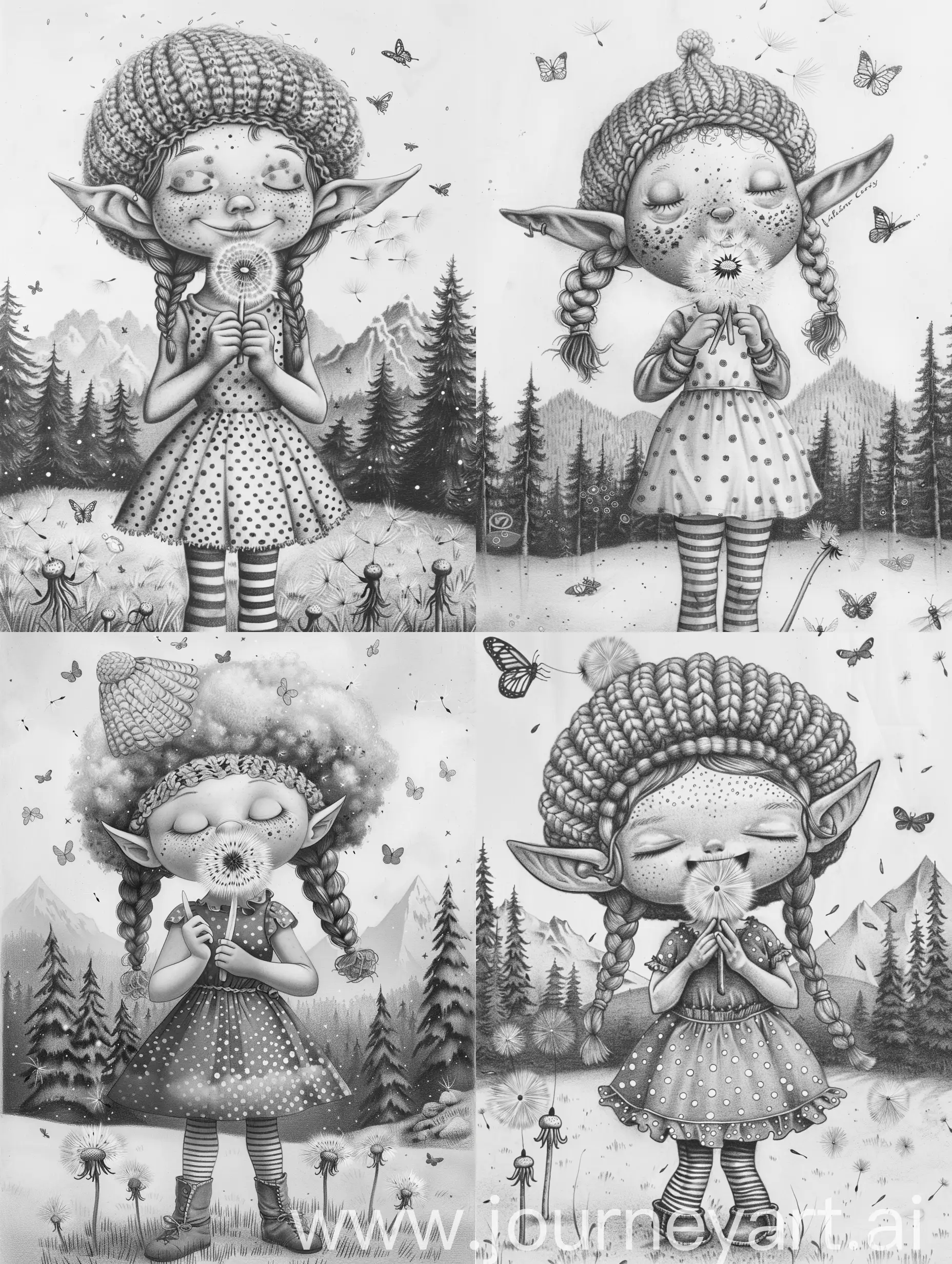 Cheerful-Elf-Girl-Blowing-Dandelion-Fluff-in-Mountain-Forest-Scene
