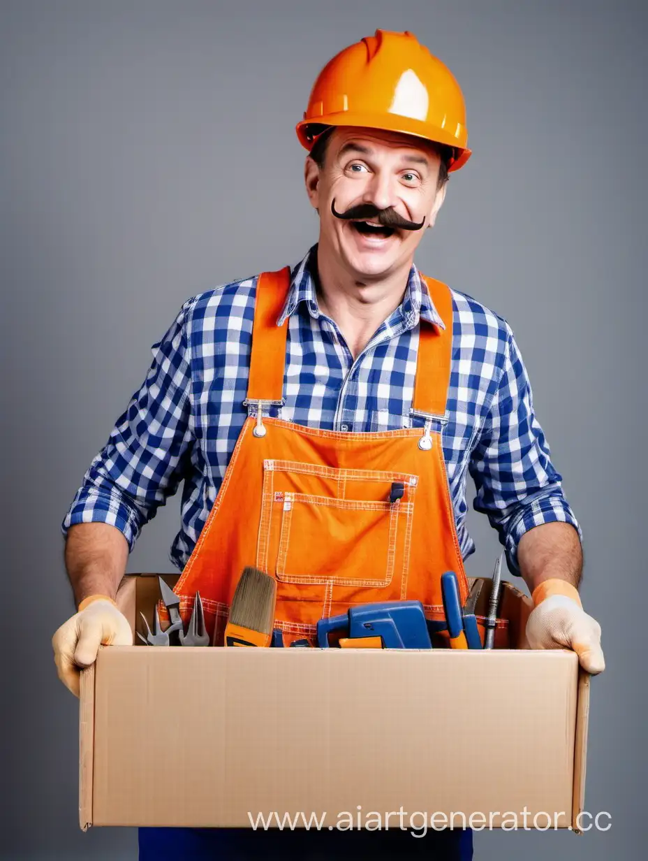 a cheerful man with a brush mustache, in an orange construction helmet, a checkered shirt and blue overalls, holds a heavy box high on his chest, the box is slightly open and we see that in the box there are tools, a drill, a hammer and nails