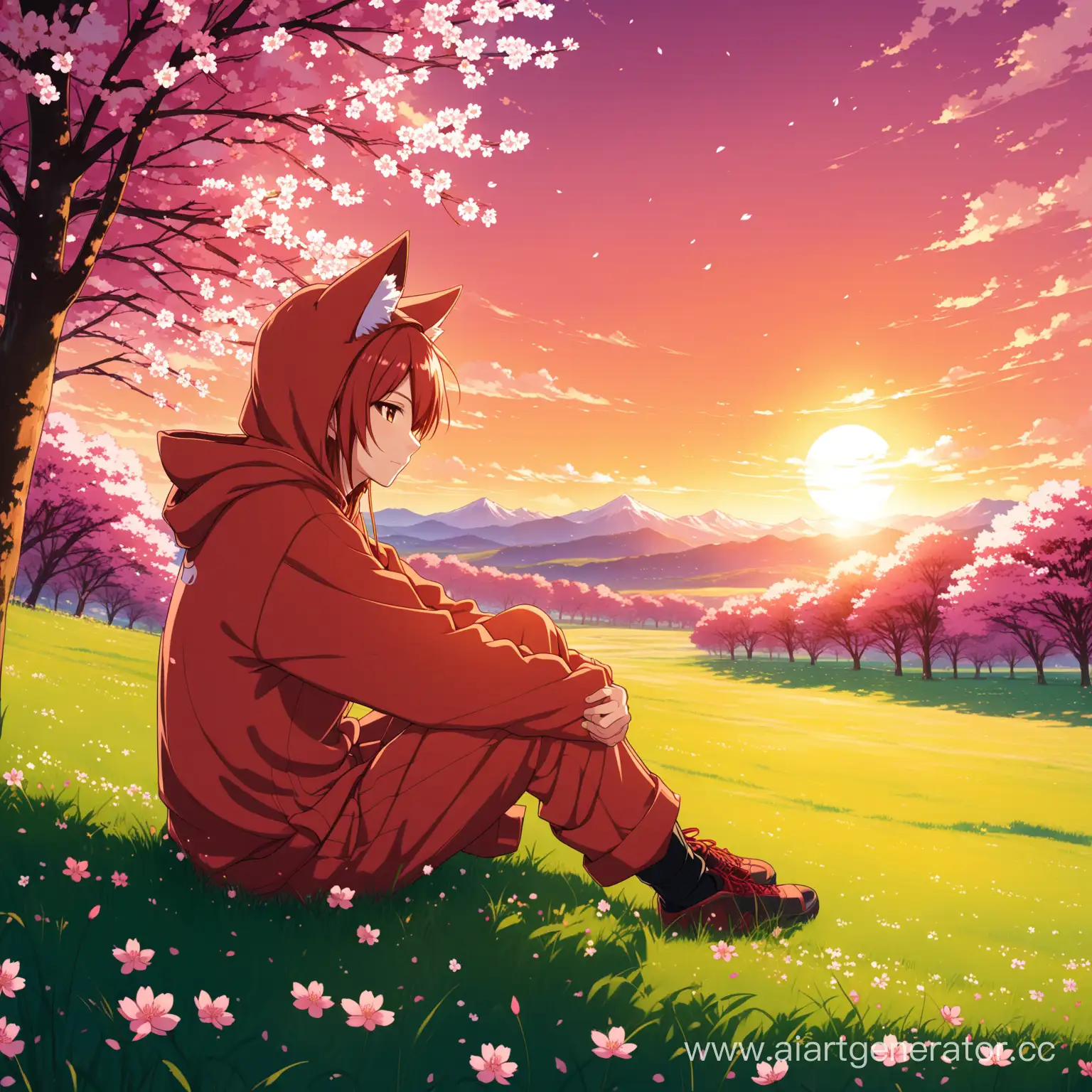 Sakura-Anime-Boy-in-Fox-Hoodie-Watching-Crimson-Sunset-in-Spring-Meadow