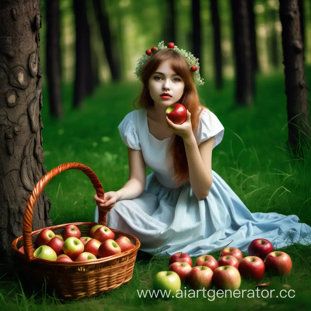 девушка с яблоками и корзиной  сидящая на траве в лесу 
Рисовка как в сказках