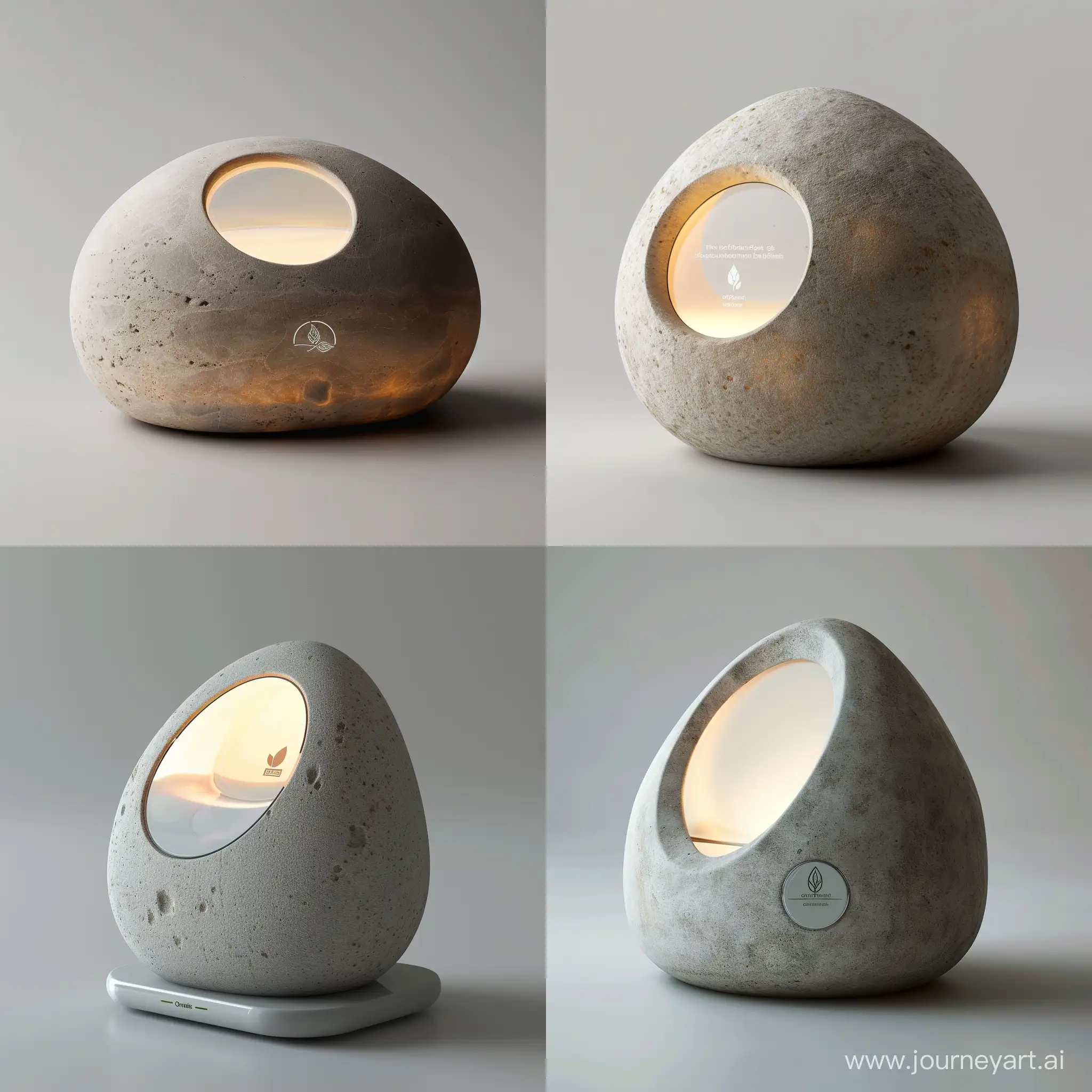 imagine : The Living Pebble
Structure:A smooth, pebble-shaped form with a slightly flattened base for stability.
A small, circular cutout on the top surface allows for light emission.
Form:Organic and natural, resembling a polished pebble.
The cutout creates a subtle visual interest and allows light to shine through.
Shape:Irregular, rounded pebble-like shape.
Circular cutout.
Material:Recycled glass or sustainably sourced bamboo.The cutout could be filled with a translucent material like frosted glass or acrylic to diffuse the light.
Color:Soft, natural colors like white, light grey, or beige to blend with various home decor styles.The light can be a warm, calming glow emanating from the cutout, potentially changing color based on energy consumption (green for efficient, red for high usage).
Logo:A subtle logo can be etched or printed on the base of the pebble, depicting a leaf or other symbol representing sustainability.
Lighting:Embedded LEDs within the main body illuminate the cutout, creating the soft glow.
The light intensity and color can adjust based on real-time energy consumption, providing visual feedback.
Dimensions:Diameter: Approximately 5-7 cm.
Height: Slightly shorter than the diameter to maintain a pebble-like profile.
Additional Notes:The surface finish can be smooth or textured, depending on the chosen material.Consider incorporating touch-sensitive areas on the surface for basic interaction like accessing data or adjusting settings.realistic style