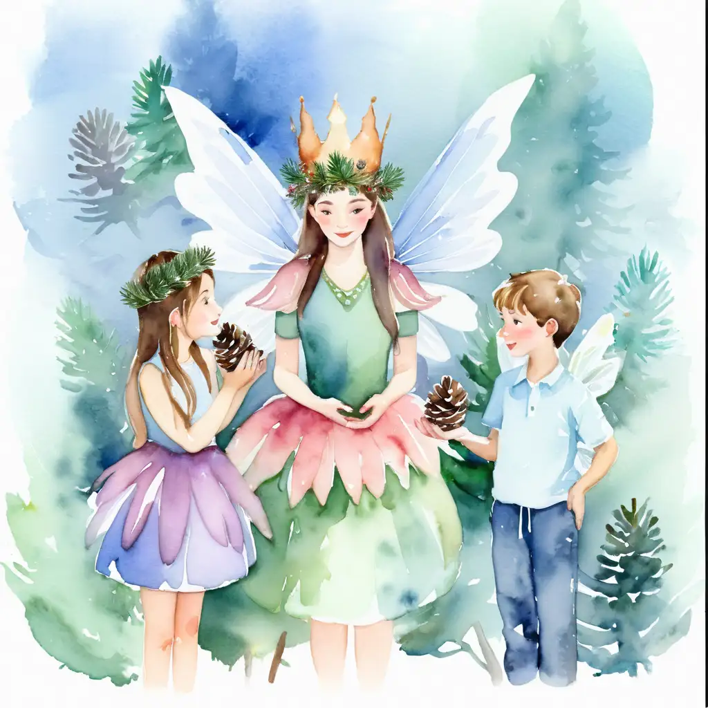 watercolor  fairy queen hands pinecones to a boy and girl  
a bit more photo realistic than the reference
