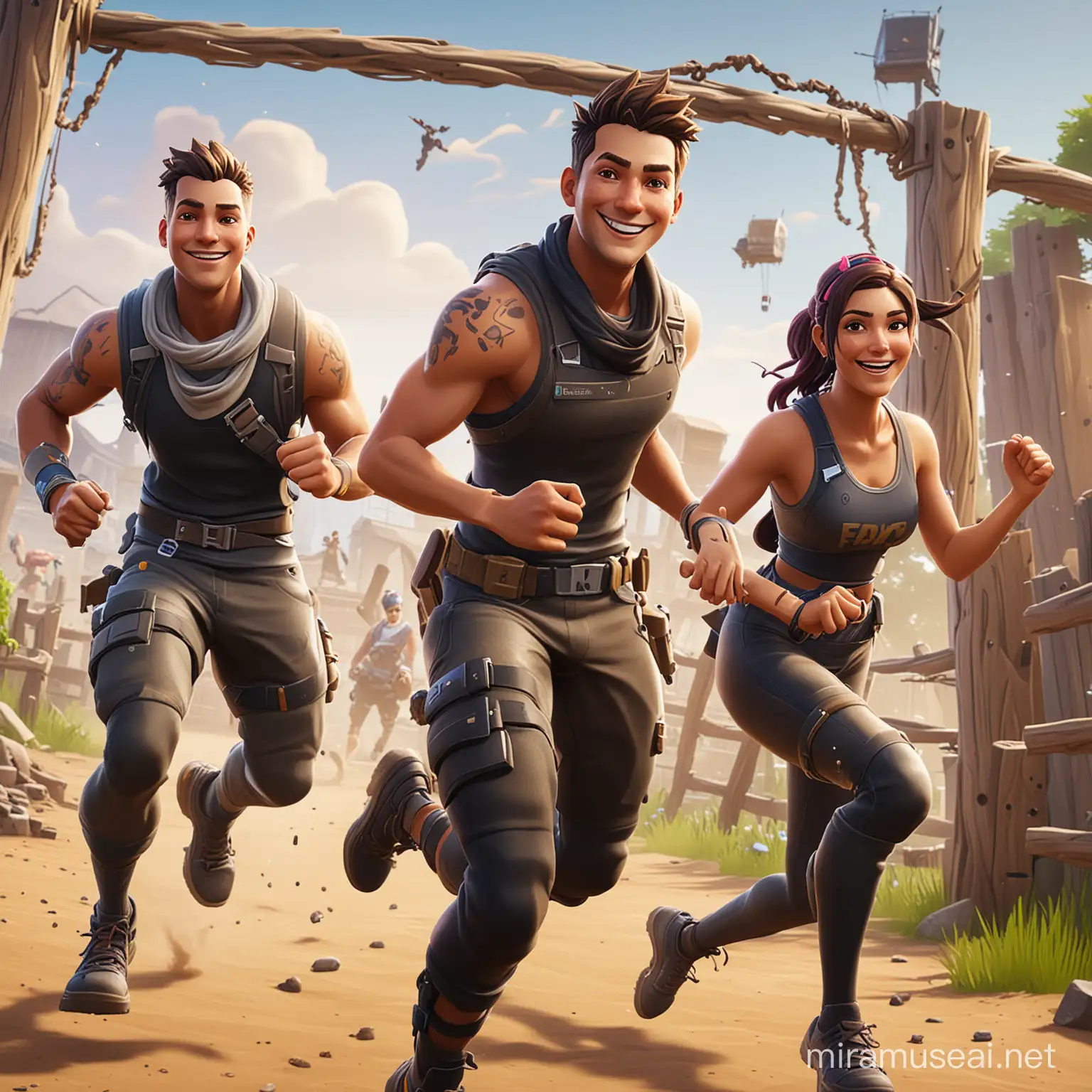 2 Fortnite characters that are smiling and are running an obstacle course,
males