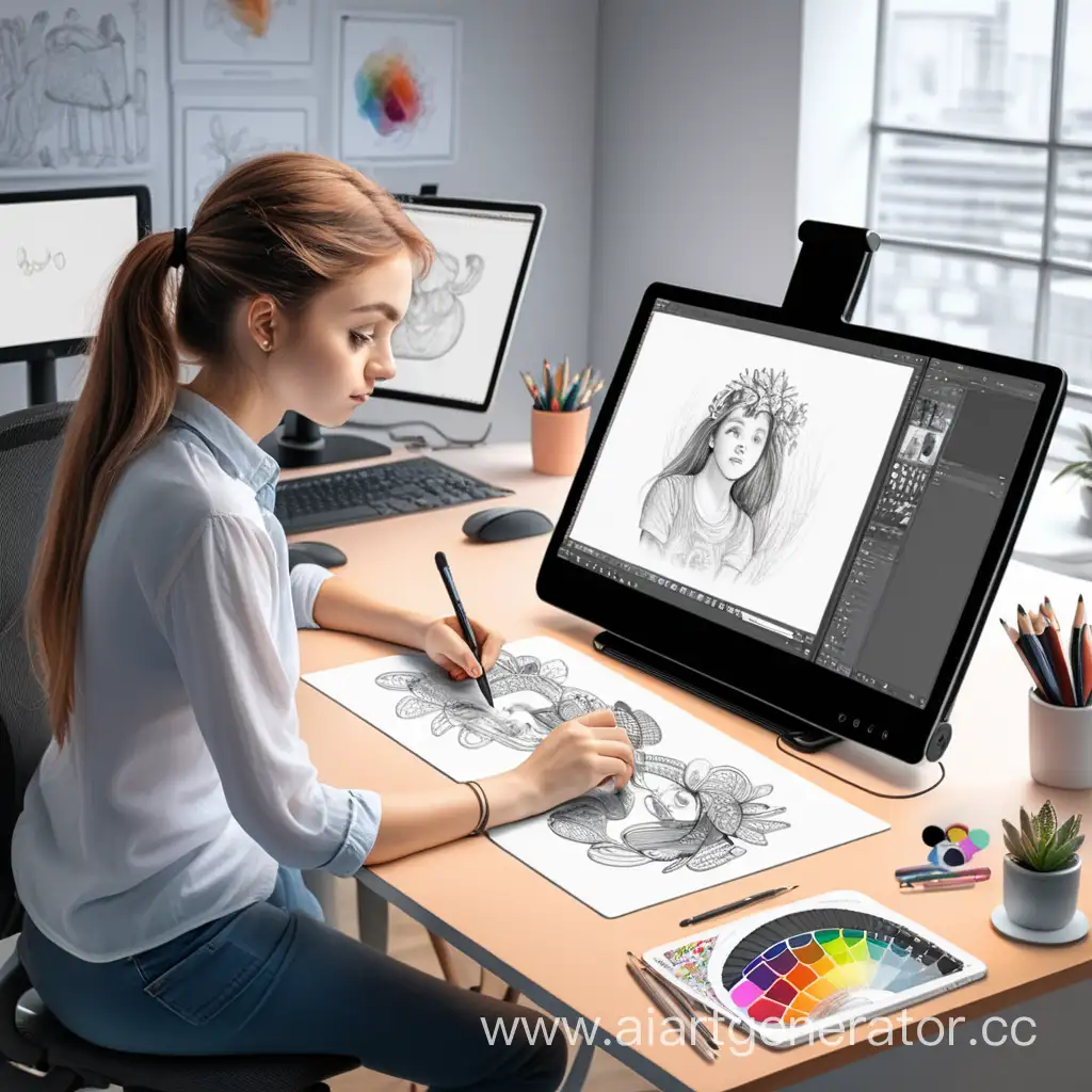 работник, художник иллюстратор, девушка, рисует на графическом планшетом за рабочим столом в офисе