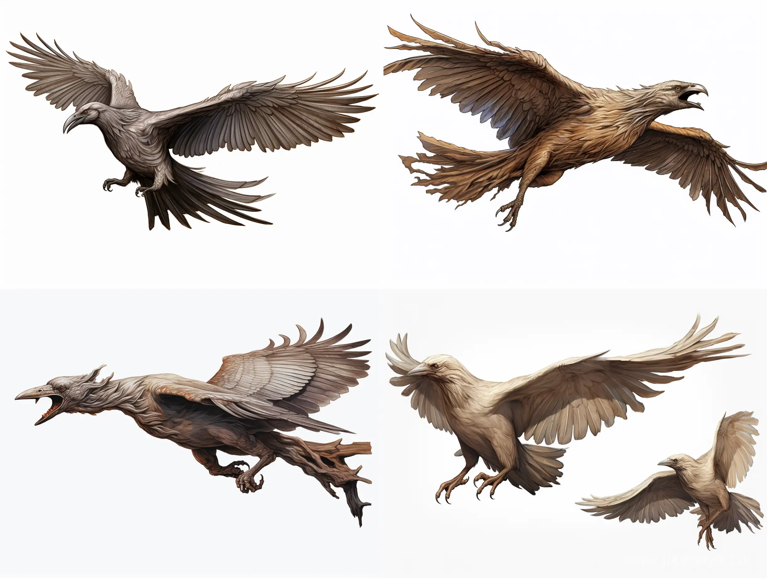 Professional sketch for wood carving sculpture, full length grey-brown raven flying at high speed towards the camera, pro dynamic character, front, back and side view, wood carving, concept art, Artstation, 3d, white background, 8k render, ultra realistic