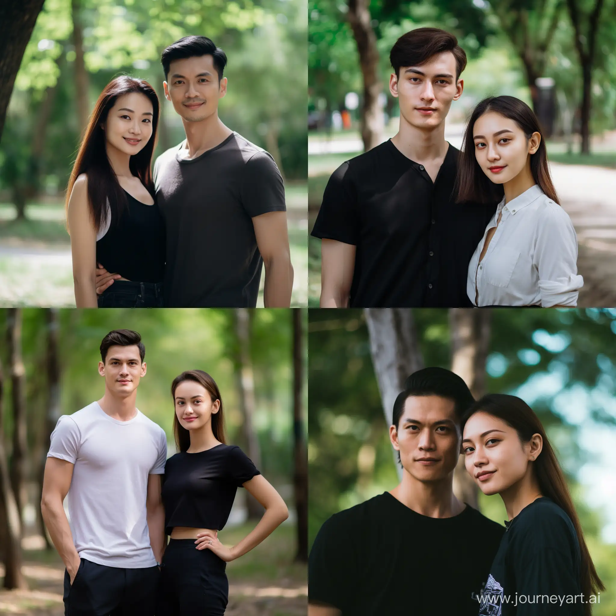 /imagine prompt: A male and female, both showcasing a harmonious blend of Malaysian Chinese and Croatian Serbian features, standing side by side in a serene park setting. The environment exudes a calm and natural atmosphere with gentle sunlight filtering through the trees. The style is high-resolution portrait photography, capturing every detail. Camera: Canon EOS R5 with a prime lens for sharp, detailed portraits. --ar 1:1