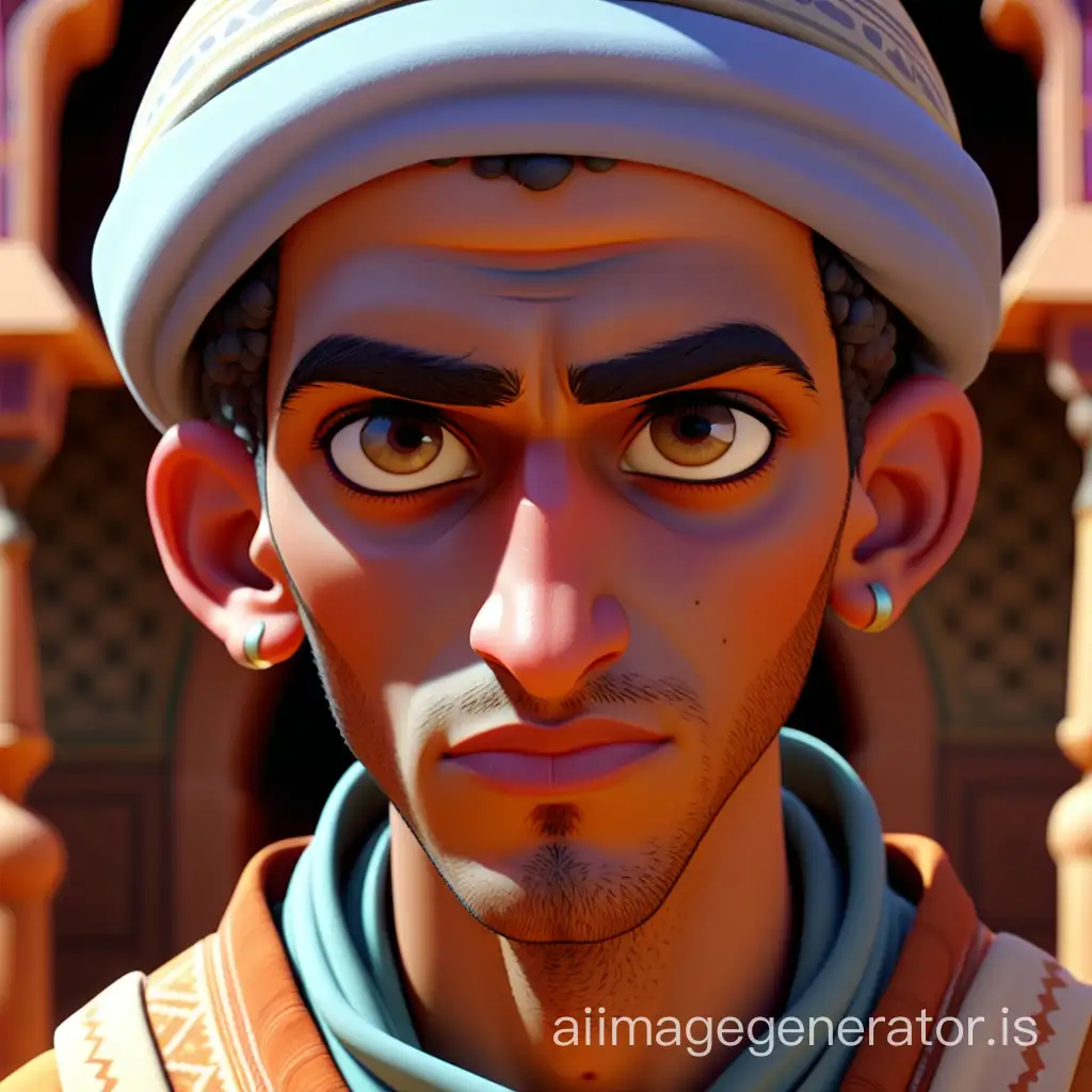 the face of a serious Moroccan young man with bonnet shoulders in traditional Moroccan clothes, in the style of Pixar? 4k