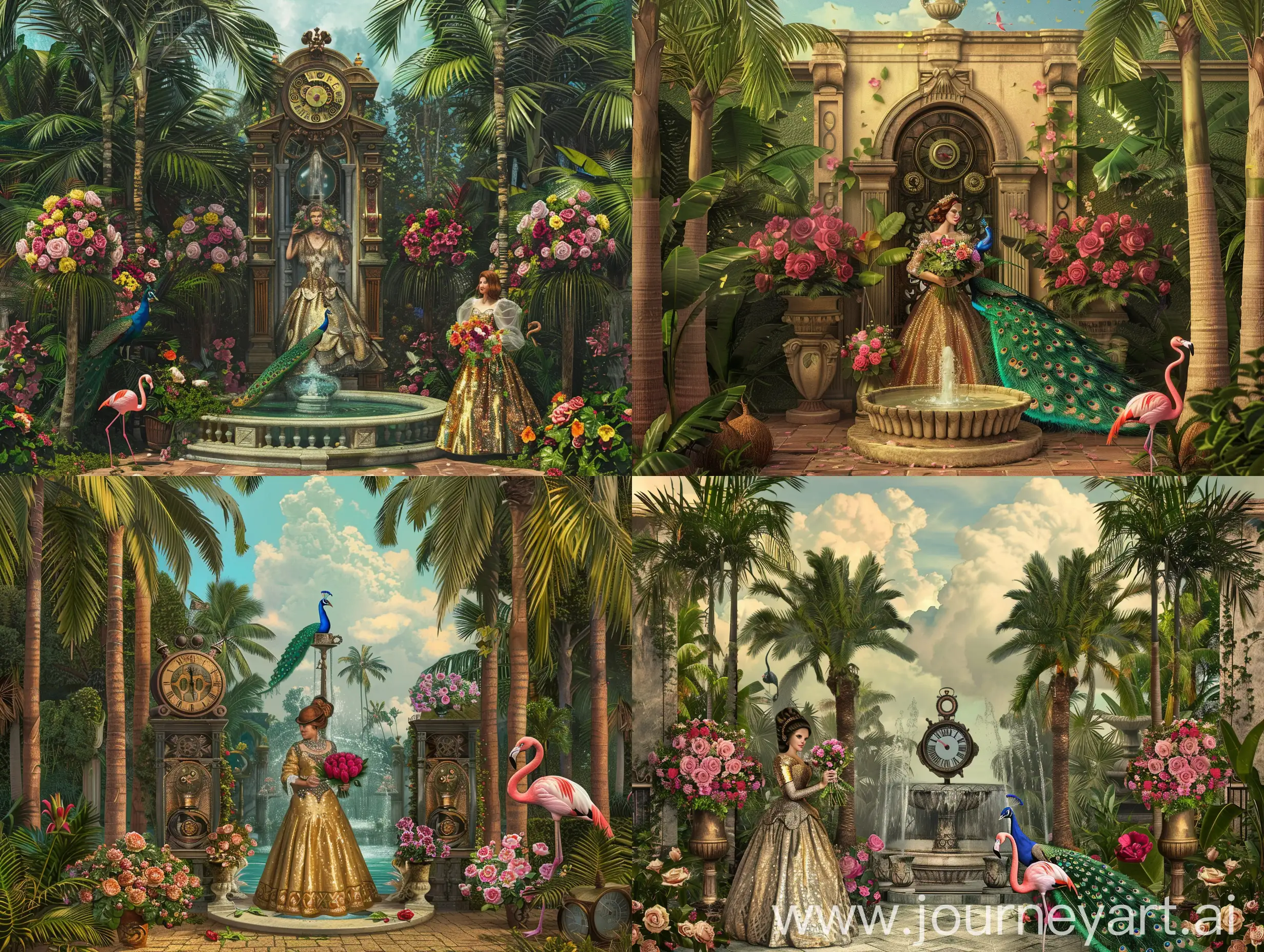Realistic Tropical lush Victorian Flower Garden with a Victorian Woman in a beautiful shiny Victorian ball gown holding a bouquet of flowers. Tall coconut trees both sides. A small Water fountain with a peacock in the fountain. A  big vase of roses. A big Steampunk Clock. A pink flamingo.