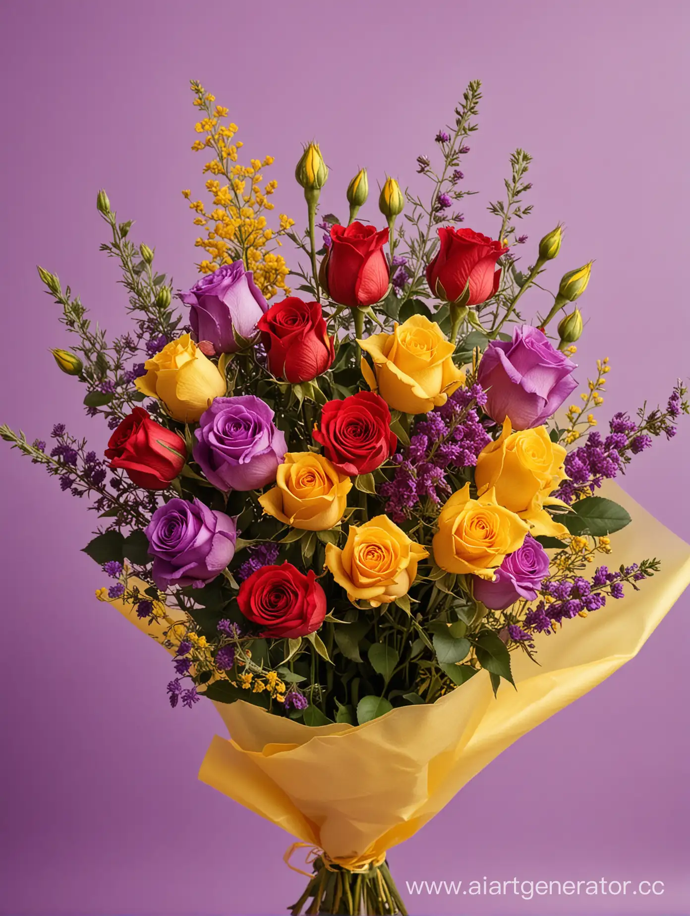 bouquet of beautiful unusual flowers, red roses, yellow-purple background 