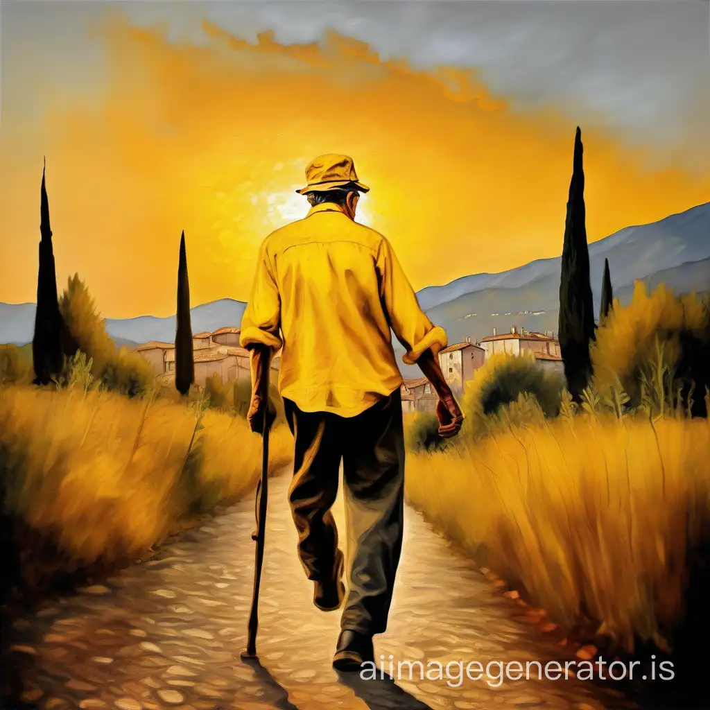 a man of 50 years with a cap and a yellow shirt in the 19th century is walking at sunset near Digne in oil painting style
