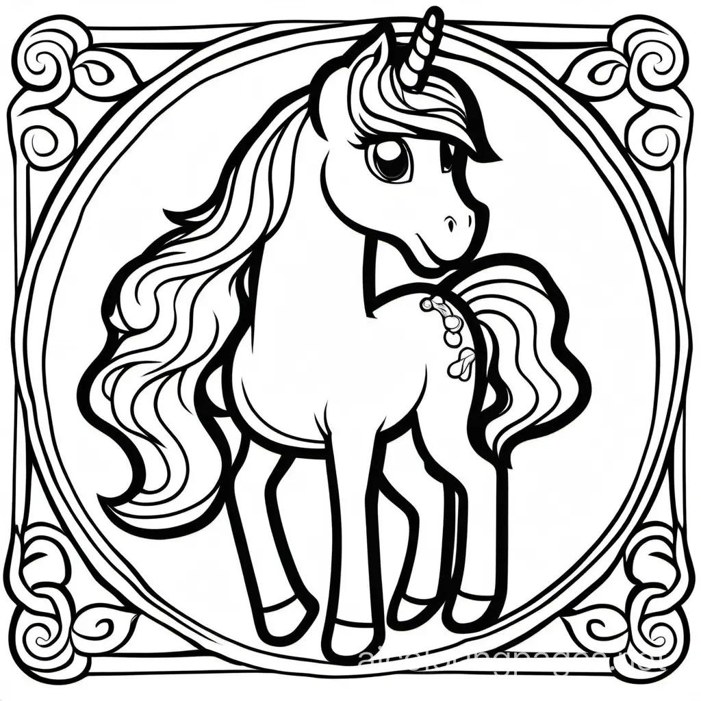 pony unicorn, Coloring Page, black and white, line art, white background, Simplicity, Ample White Space. The background of the coloring page is plain white to make it easy for young children to color within the lines. The outlines of all the subjects are easy to distinguish, making it simple for kids to color without too much difficulty, Coloring Page, black and white, line art, white background, Simplicity, Ample White Space. The background of the coloring page is plain white to make it easy for young children to color within the lines. The outlines of all the subjects are easy to distinguish, making it simple for kids to color without too much difficulty