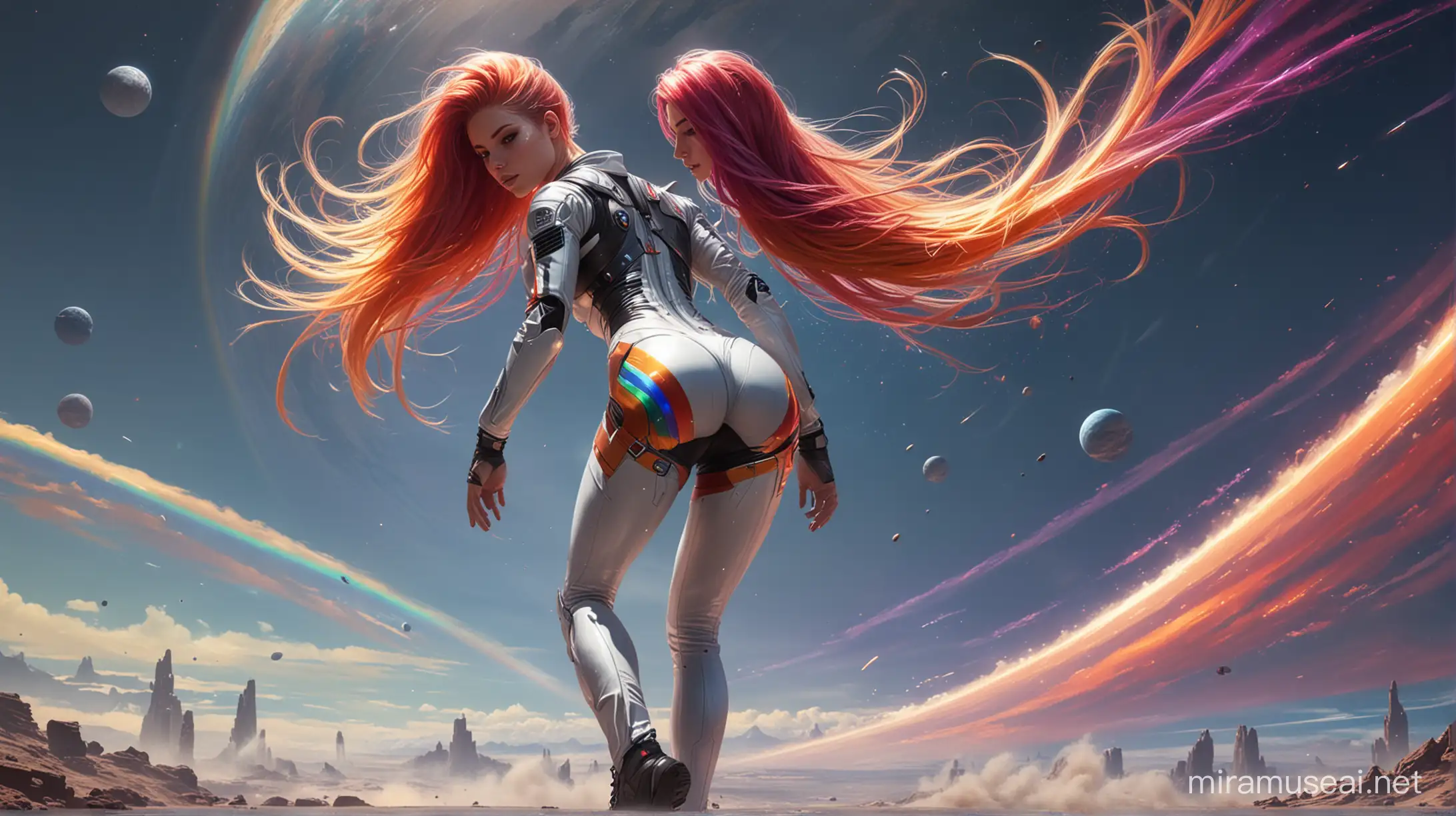 Athletic Girl in Futuristic Spacesuit with Rainbow Hair in Zero Gravity
