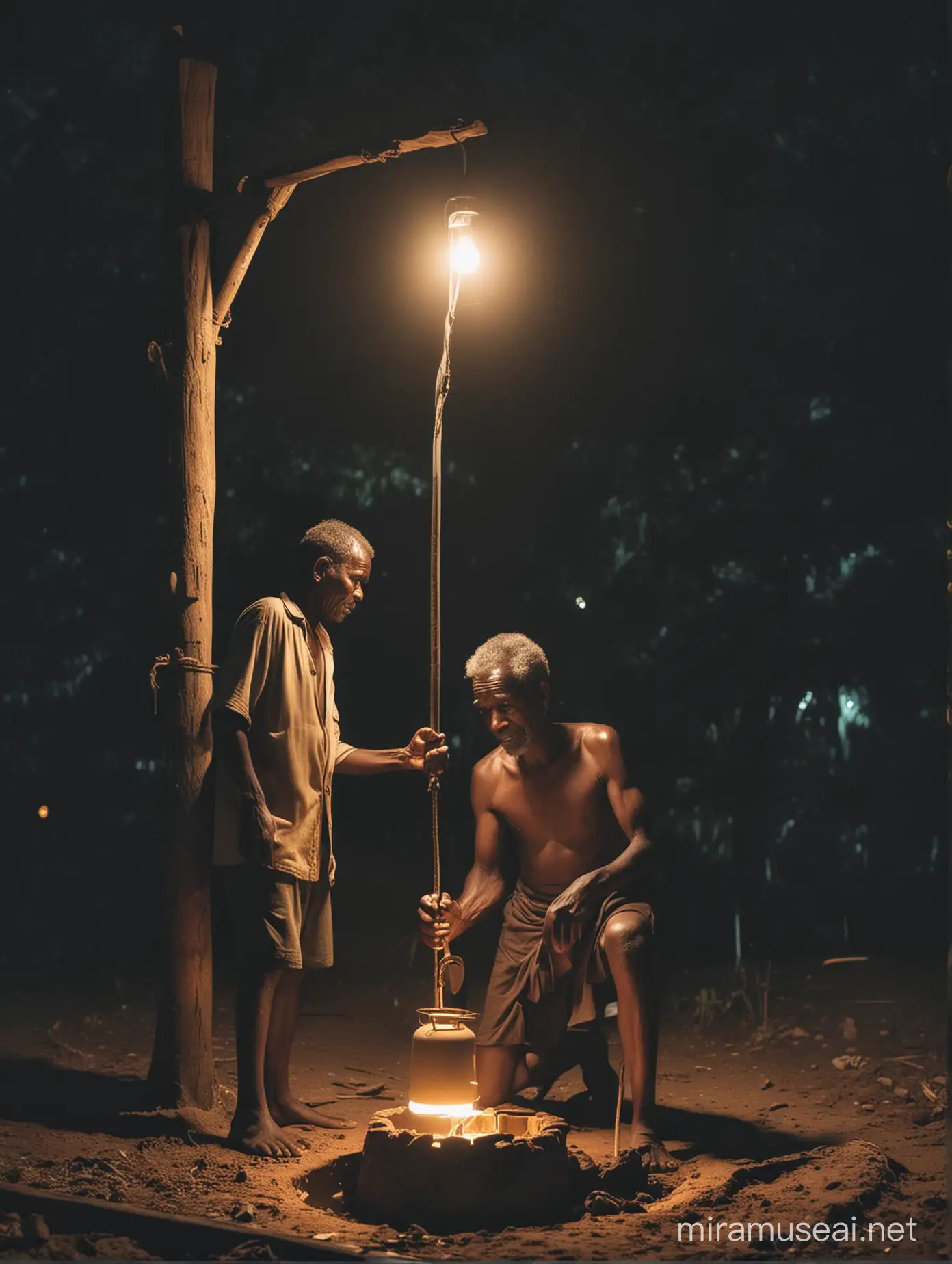 Papuan Grandfather and Grandson Repairing Village Well by Gas Lamp at Night
