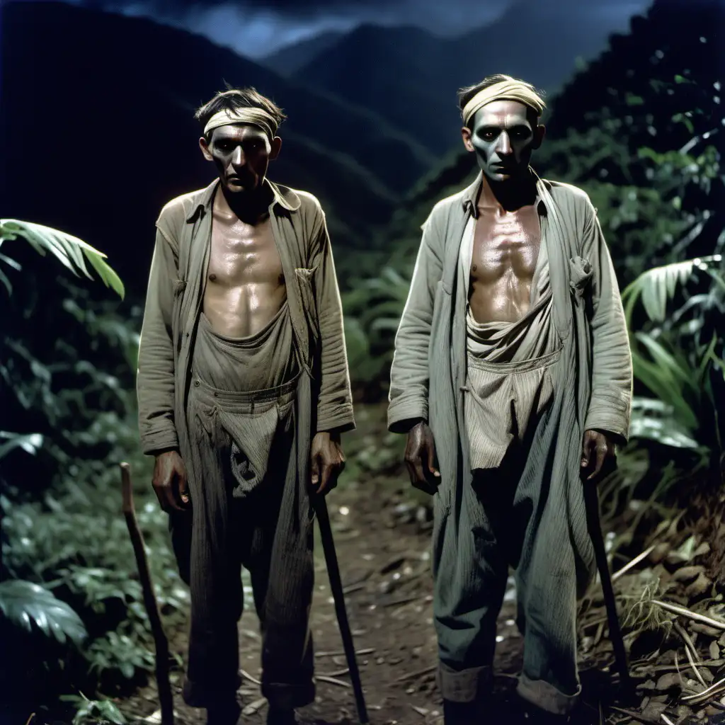 Full colour image. 1920s. Two exceptionally pale, rail thin, sinister looking men, they appear to be advancing on the camera. They are standing in the jungles of the Andes. They are dressed in rags. At night.