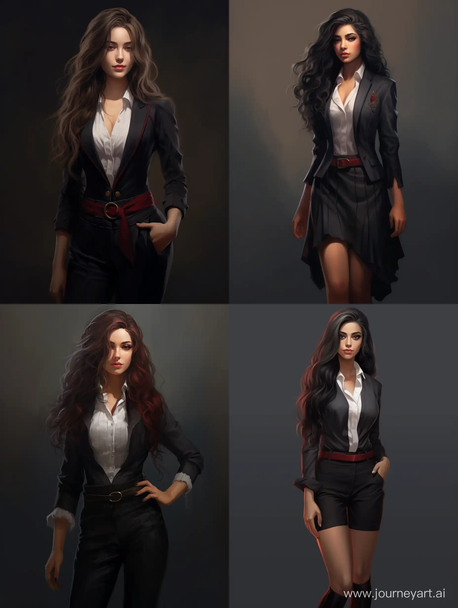 A girl, black and long hair, red eyes. Business clothes of an aristocrat. At full height. Character Reference