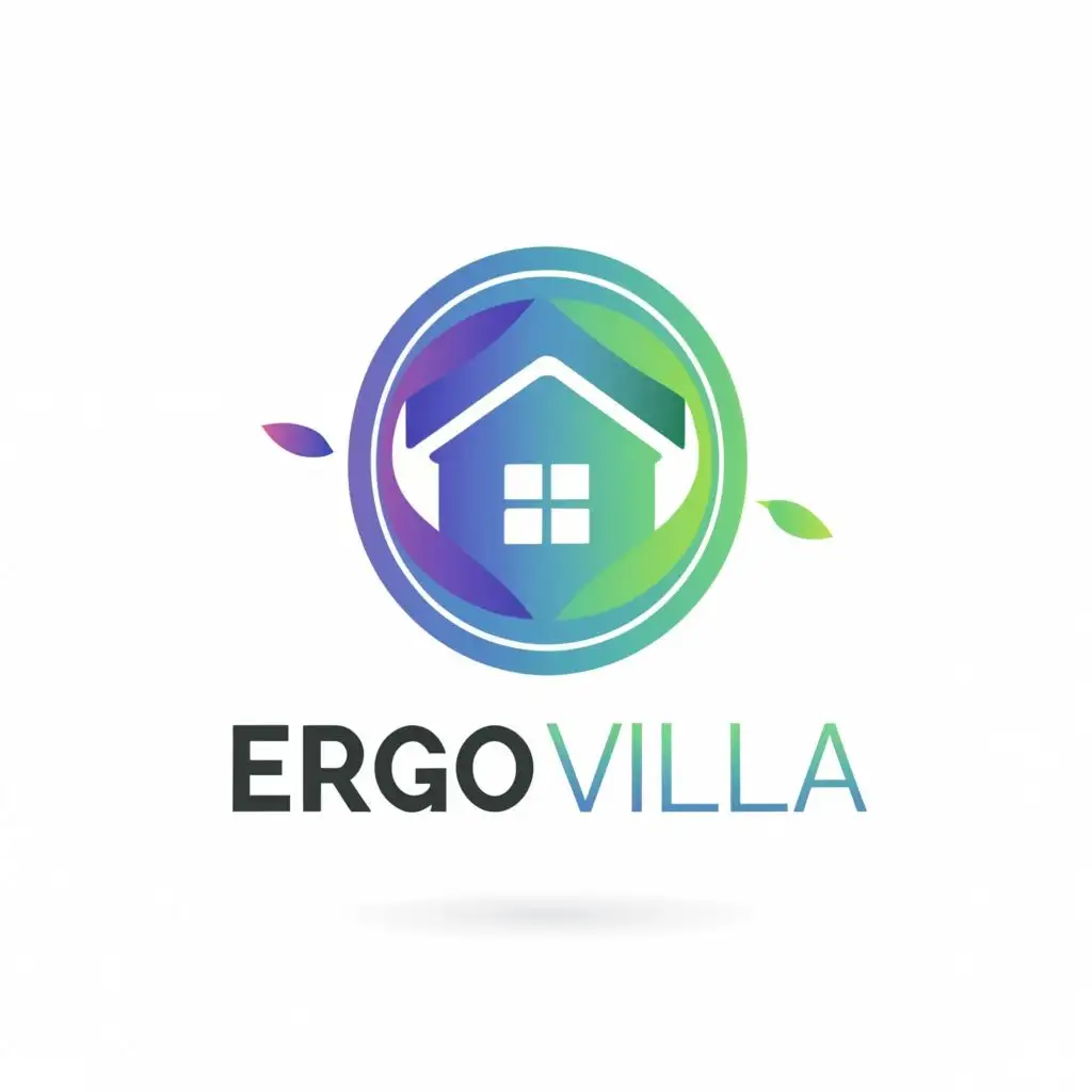 logo, Modern house in center of colorful blue green gradient leaves oval, with the text "ERGO Villa", typography, be used in Technology industry