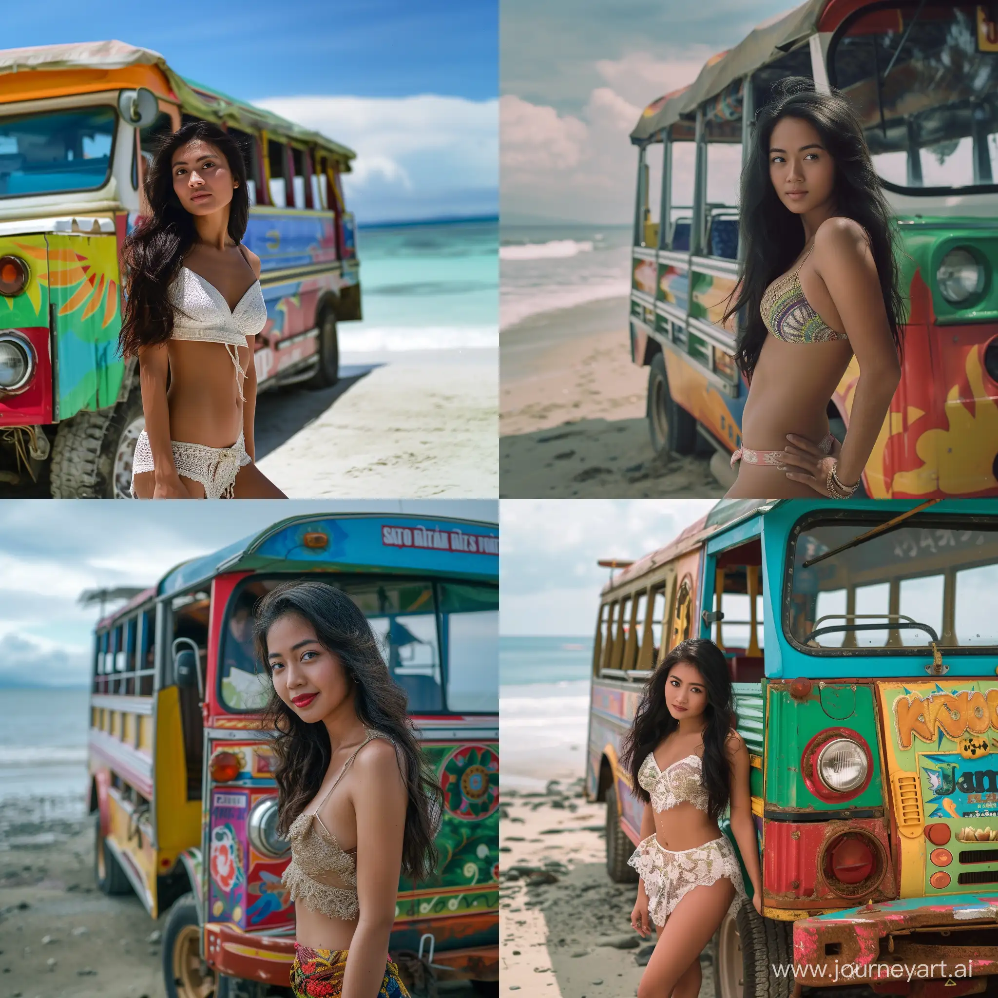 Beautiful Filipina woman, standing on a beach next to a colorful jeepney, Cinematic midrange shot