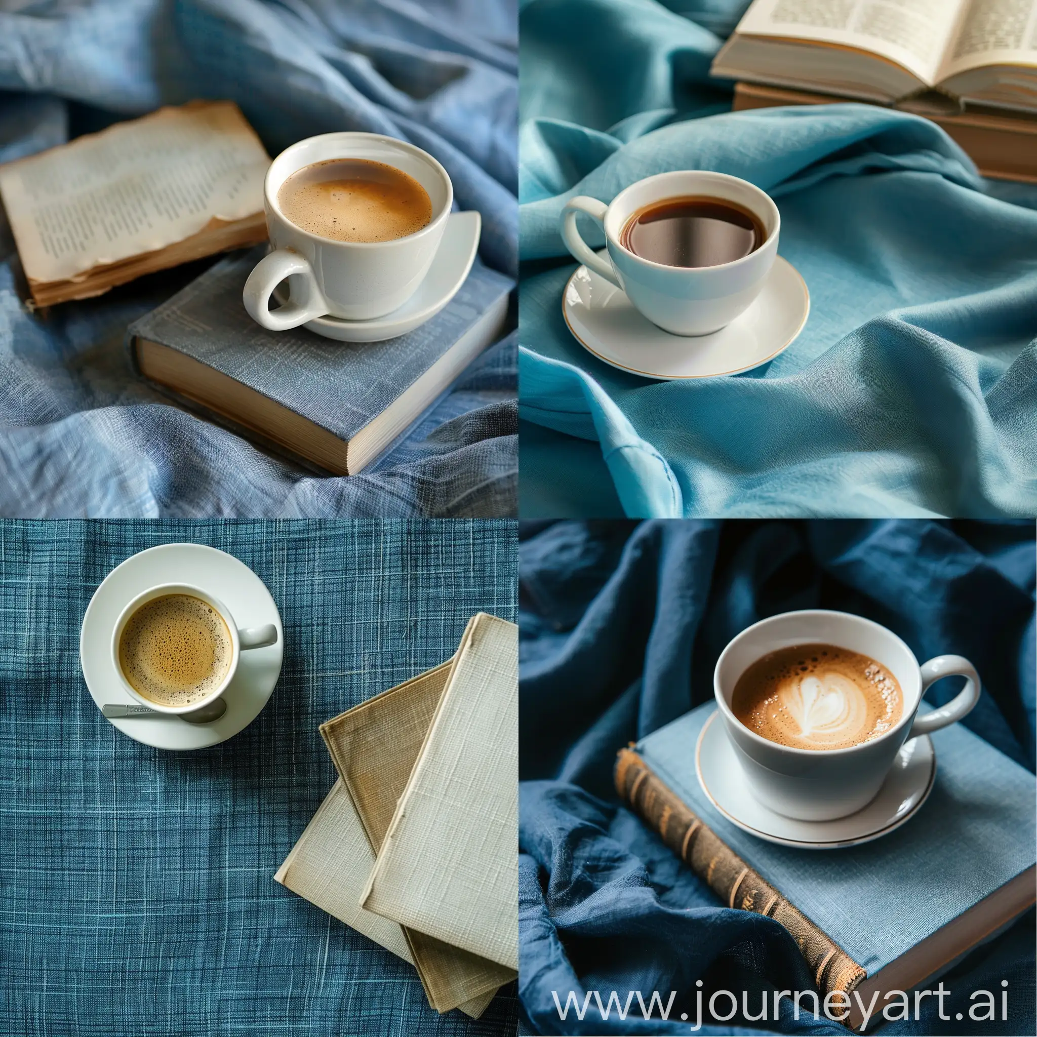 a cup of coffee place on a blue cloth texture book and book place on table