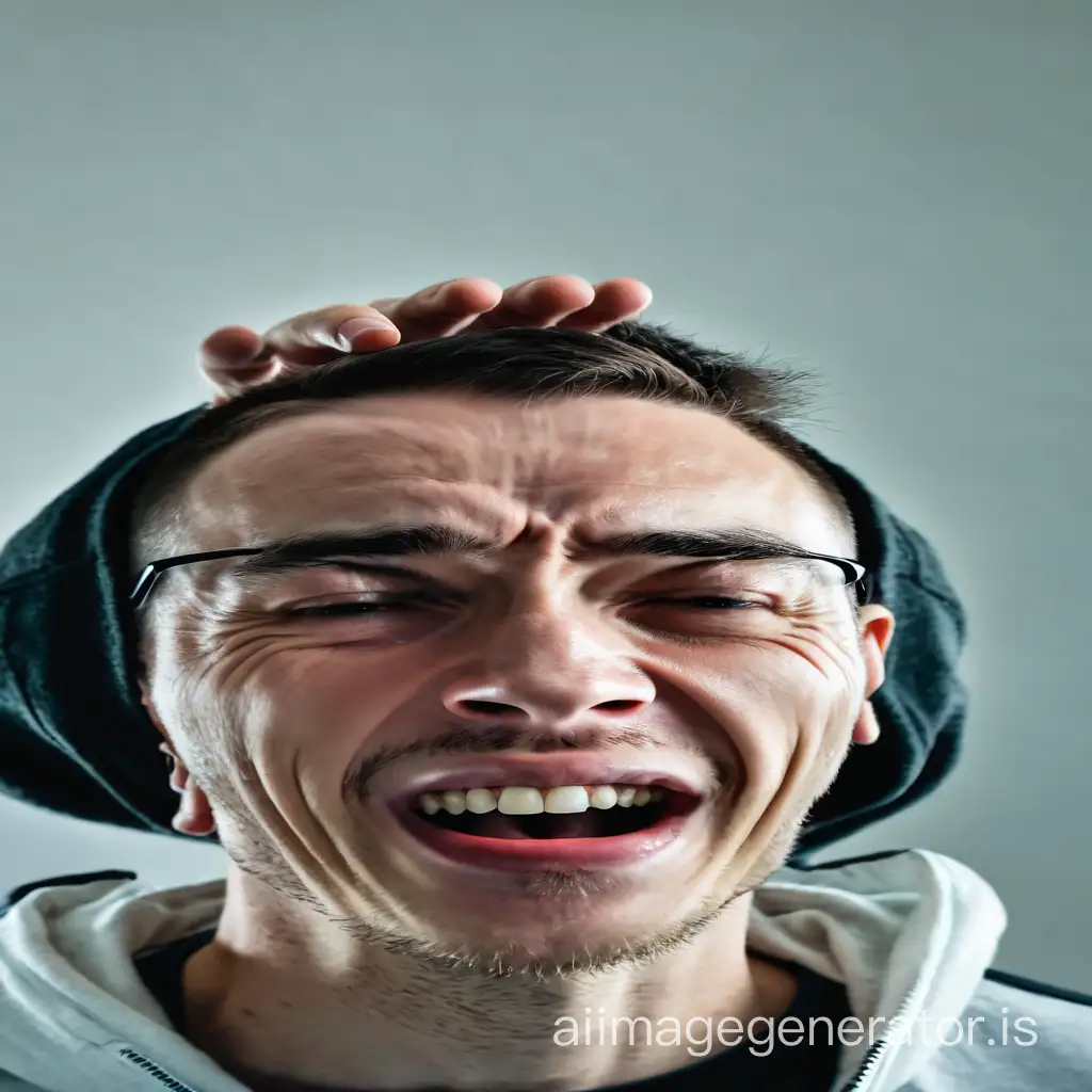 A skinny man screaming in pain and as he screams black hands reach out from his mouth