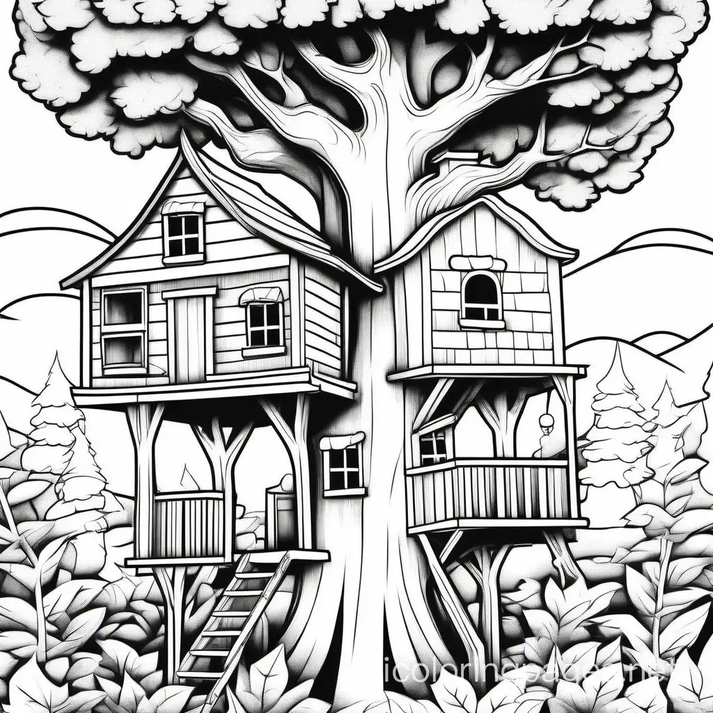 Unique Tree houses, Coloring Page, black and white, line art, white background, Simplicity, Ample White Space. The background of the coloring page is plain white to make it easy for young children to color within the lines. The outlines of all the subjects are easy to distinguish, making it simple for kids to color without too much difficulty
