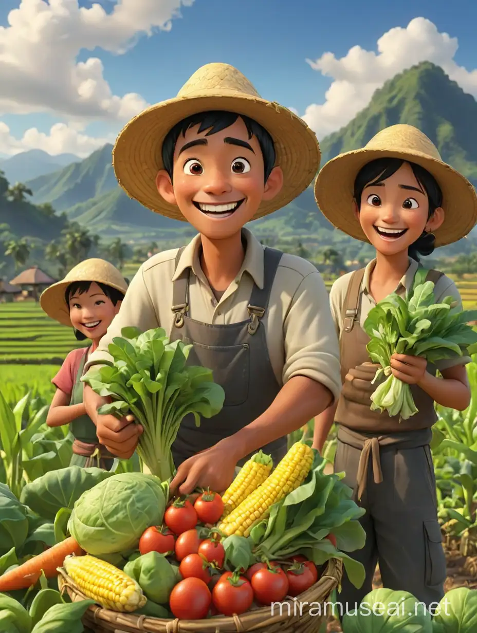 create a cute cartoon image with Disney 3D animation, a Javanese farmer smiling with other Javanese farmers, harvesting vegetables, mustard greens, cabbage, carrots, broccoli, tomatoes, chili peppers and harvesting corn, rice, rice in the rice fields with a background of rice fields and mountains and a clear sky.


