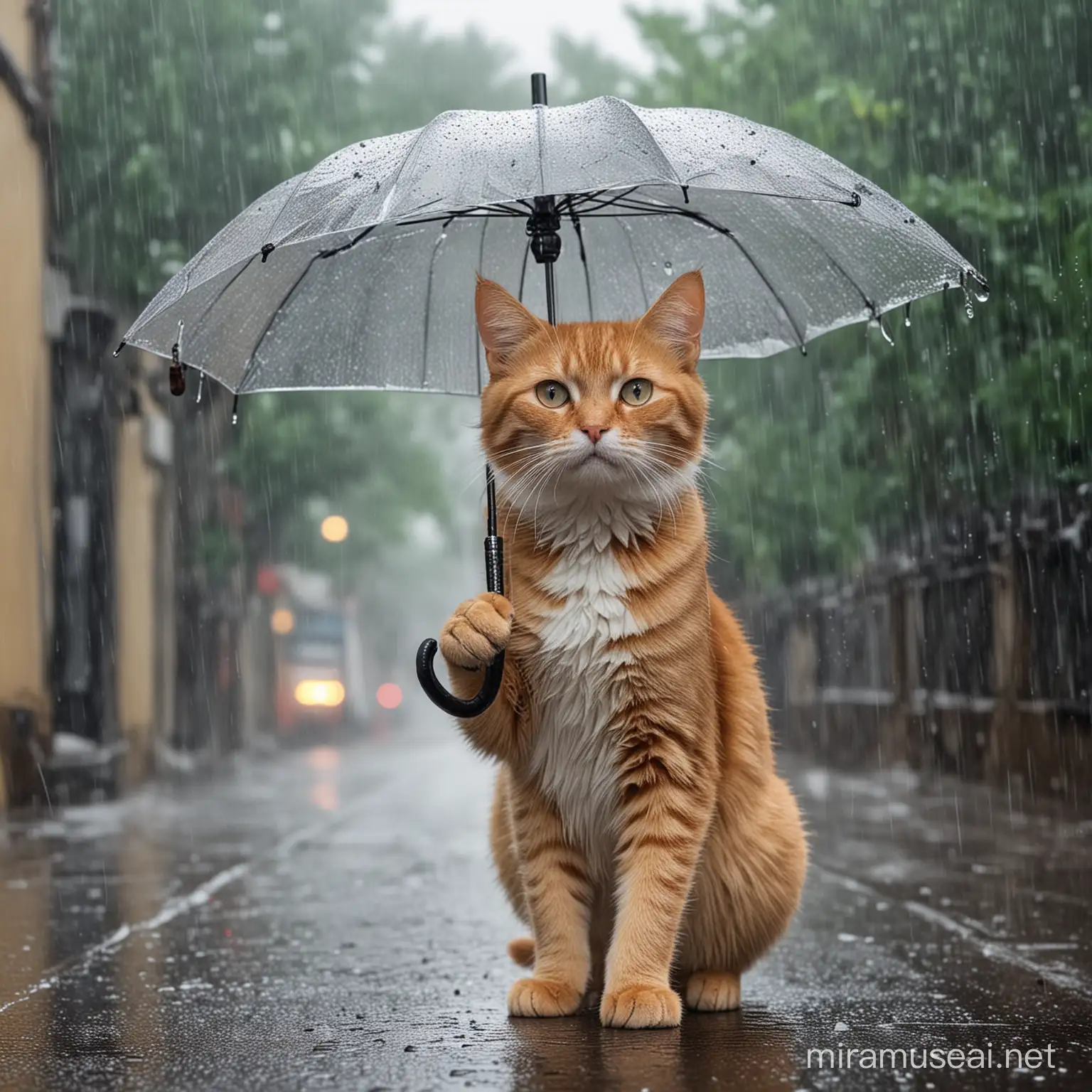 Котик с зонтом под дождем