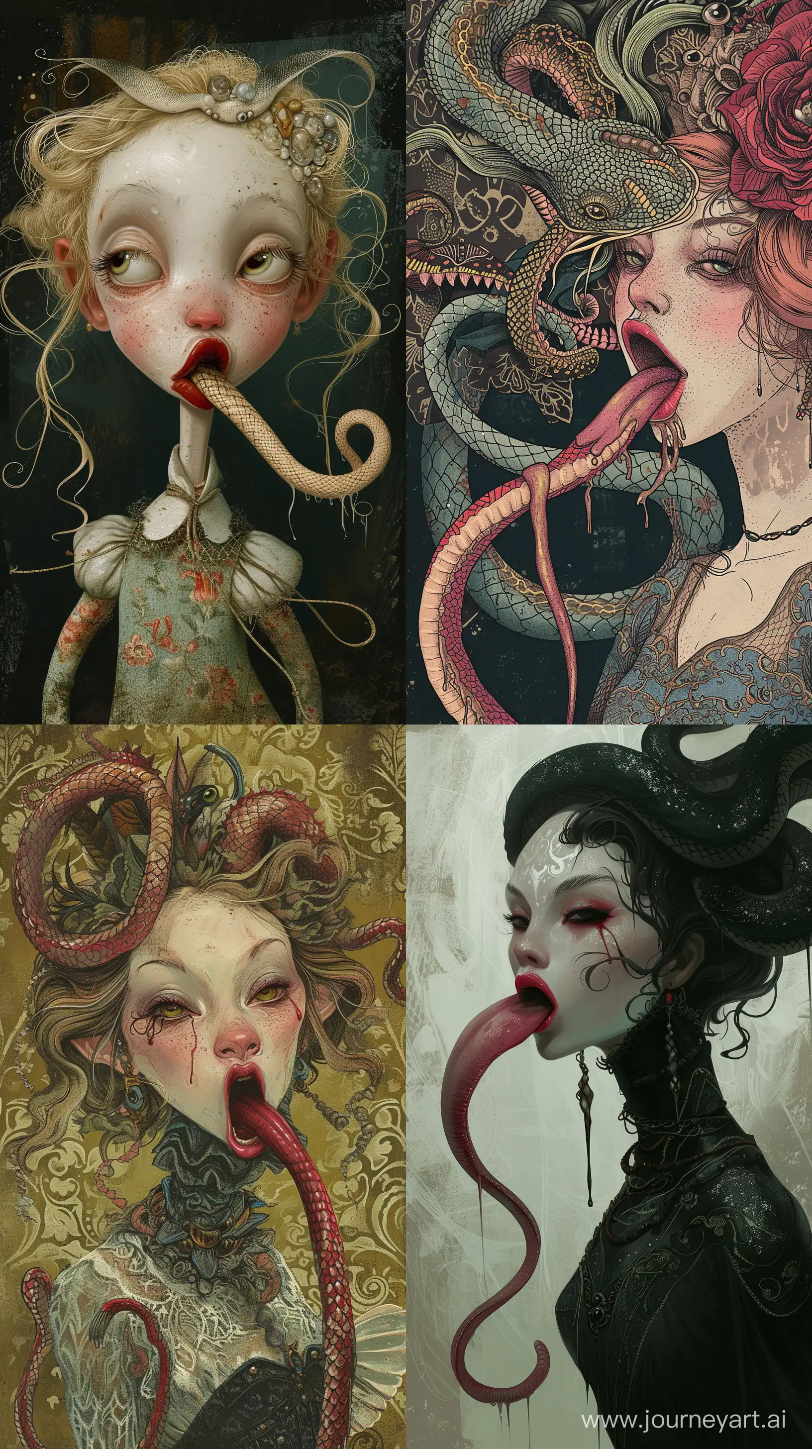 Messy devouring princess with long serpentine tongue, whimsical illustrations --ar 9:16