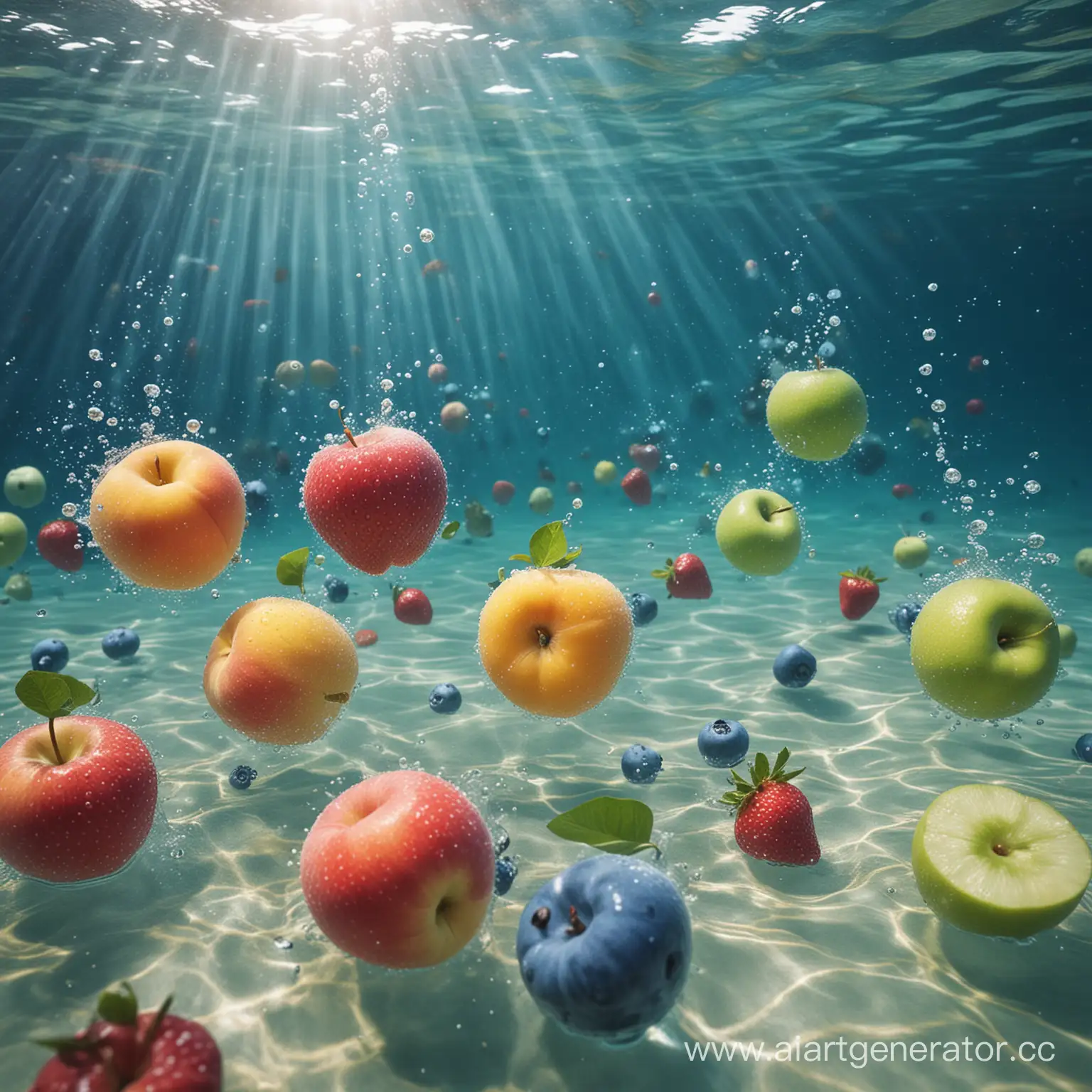 голубика клубника лайм персик  и яблоко под морской водой