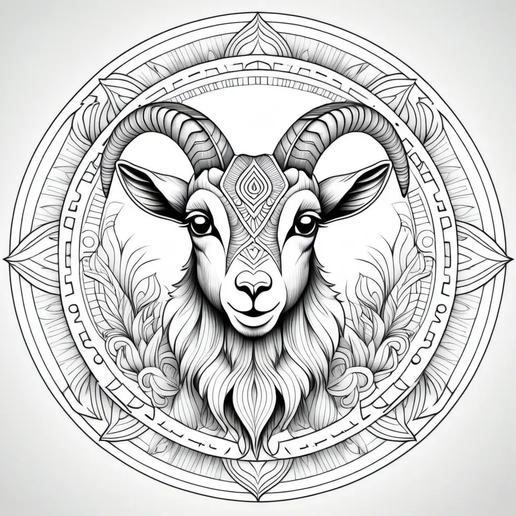 coloring page for adults, mandala, Goat, white background, clean line art, fine line art 