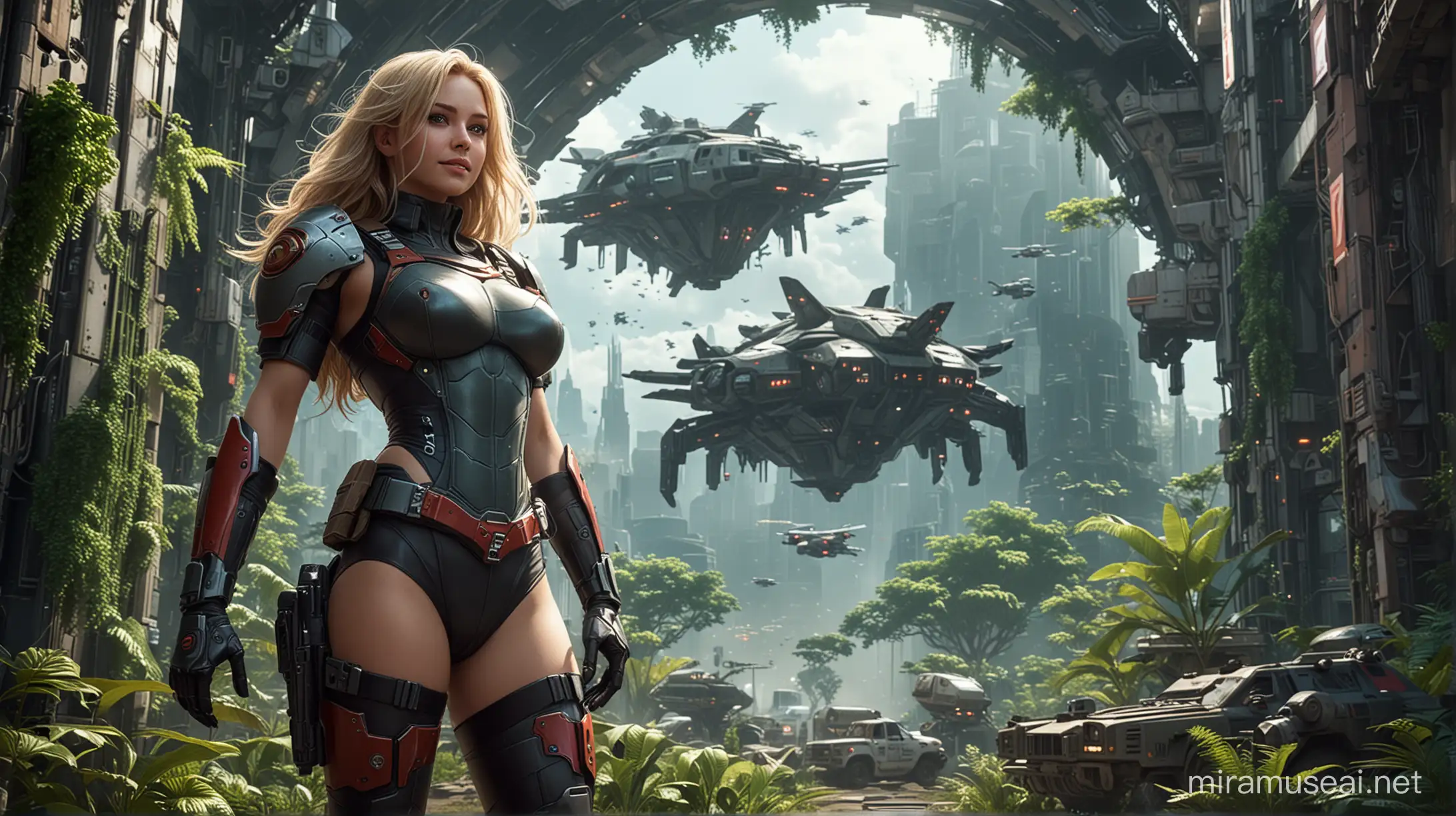 Epic Domed Sky City Scene with Beautiful Female Space Characters and Mecha